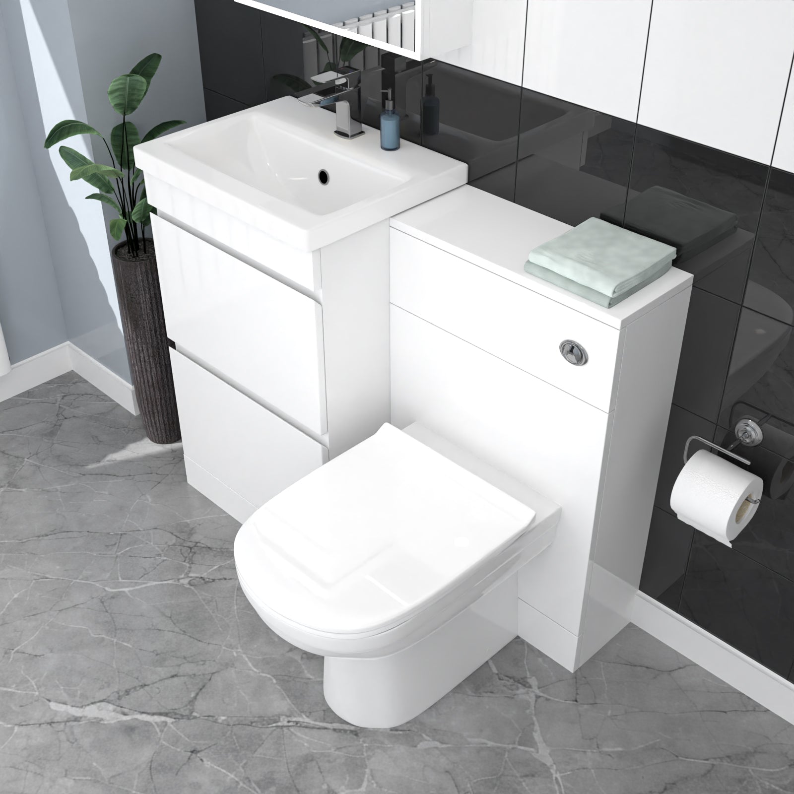 Alaska White Floor Standing 500mm Vanity Unit 2 Drawers, WC Unit & BTW Toilet