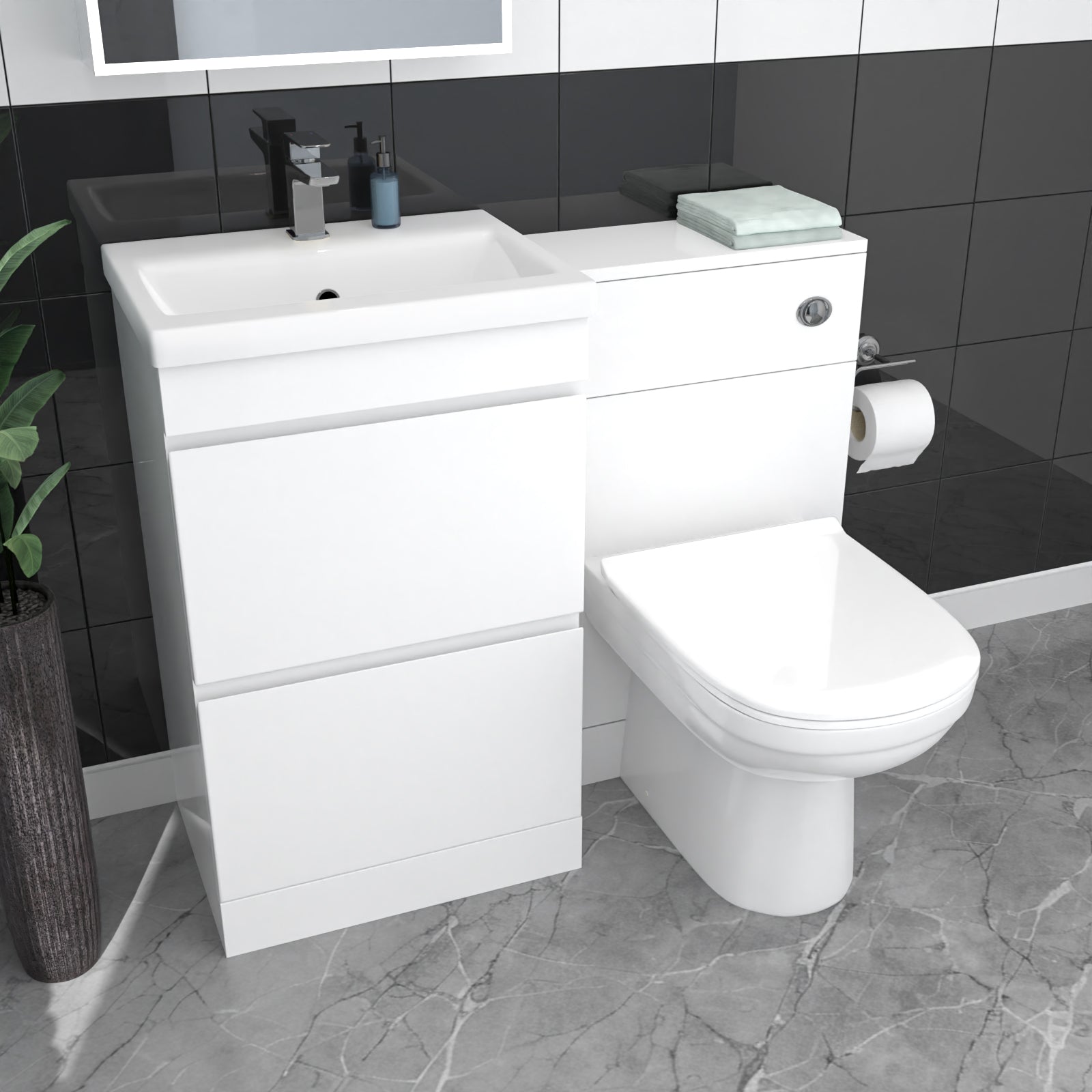 Alaska White Floor Standing 500mm Vanity Unit 2 Drawers, WC Unit & BTW Toilet