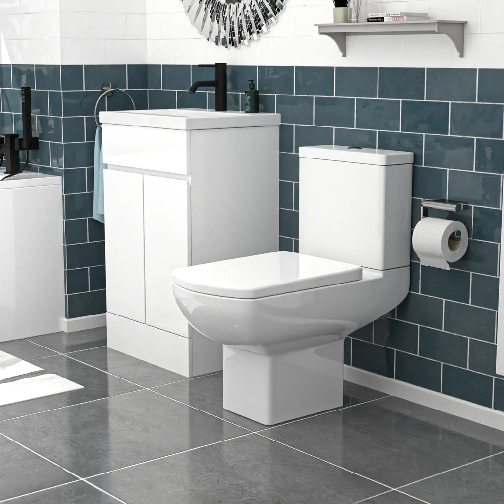 Alaska 500mm Handleless White Basin Vanity Square Rimless Close Coupled Toilet
