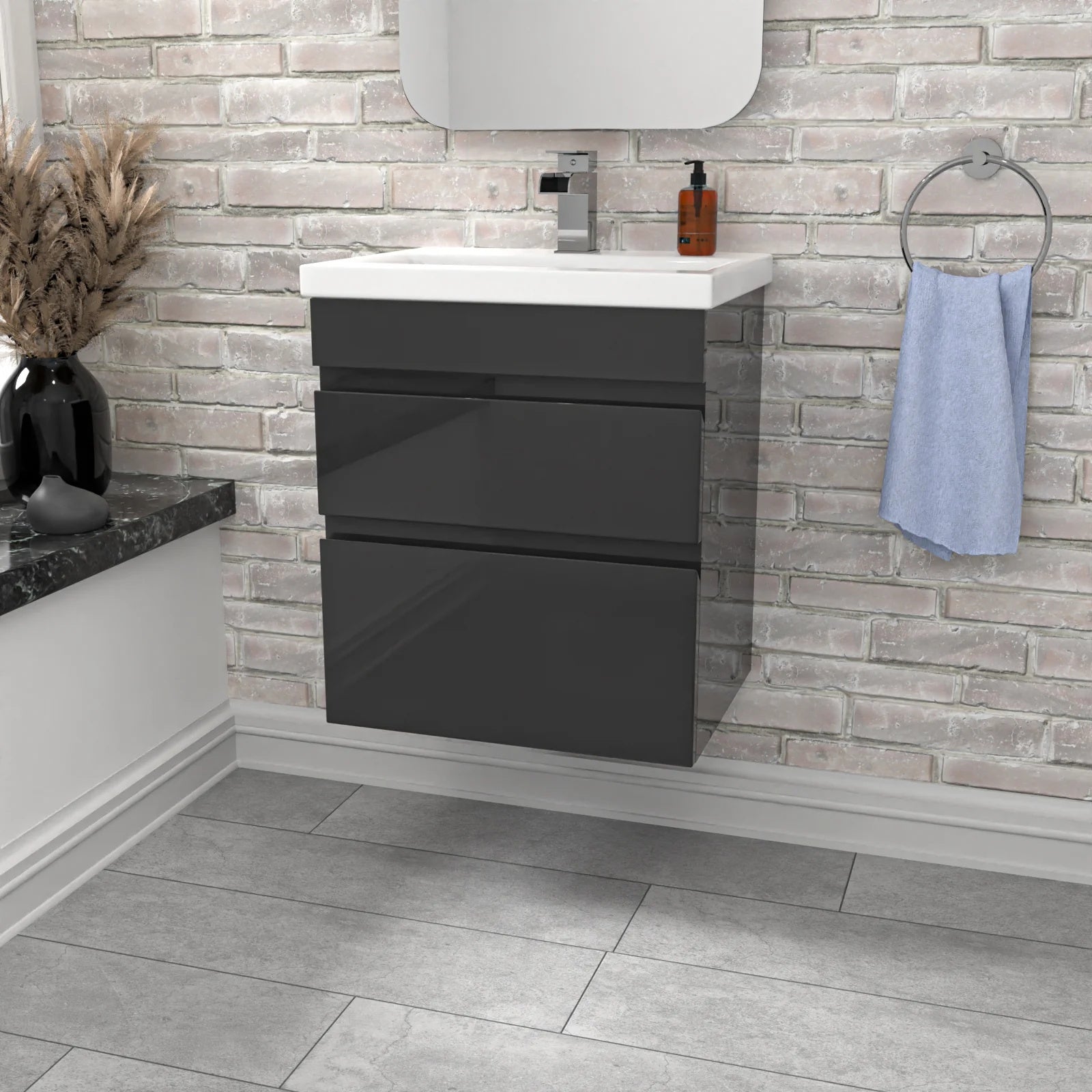 Alaska Anthracite 500mm Waterproof PVC Wall Hung 2 Drawer Basin Vanity Unit