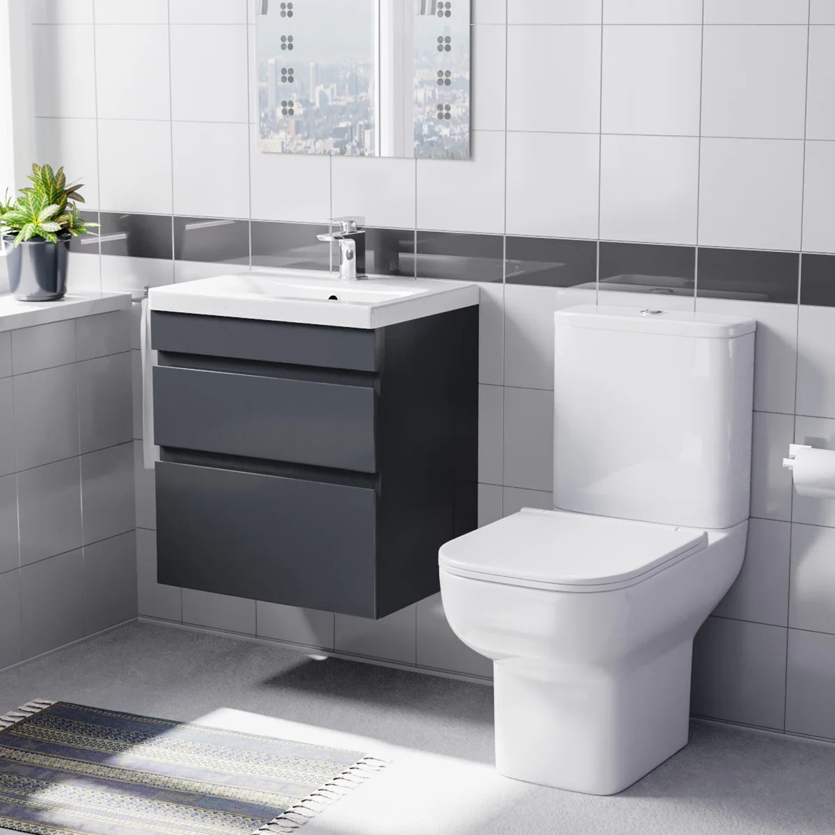 Alaska 500mm Wall Hung Vanity Unit 2 Drawers Anthracite with Basin & Toilet