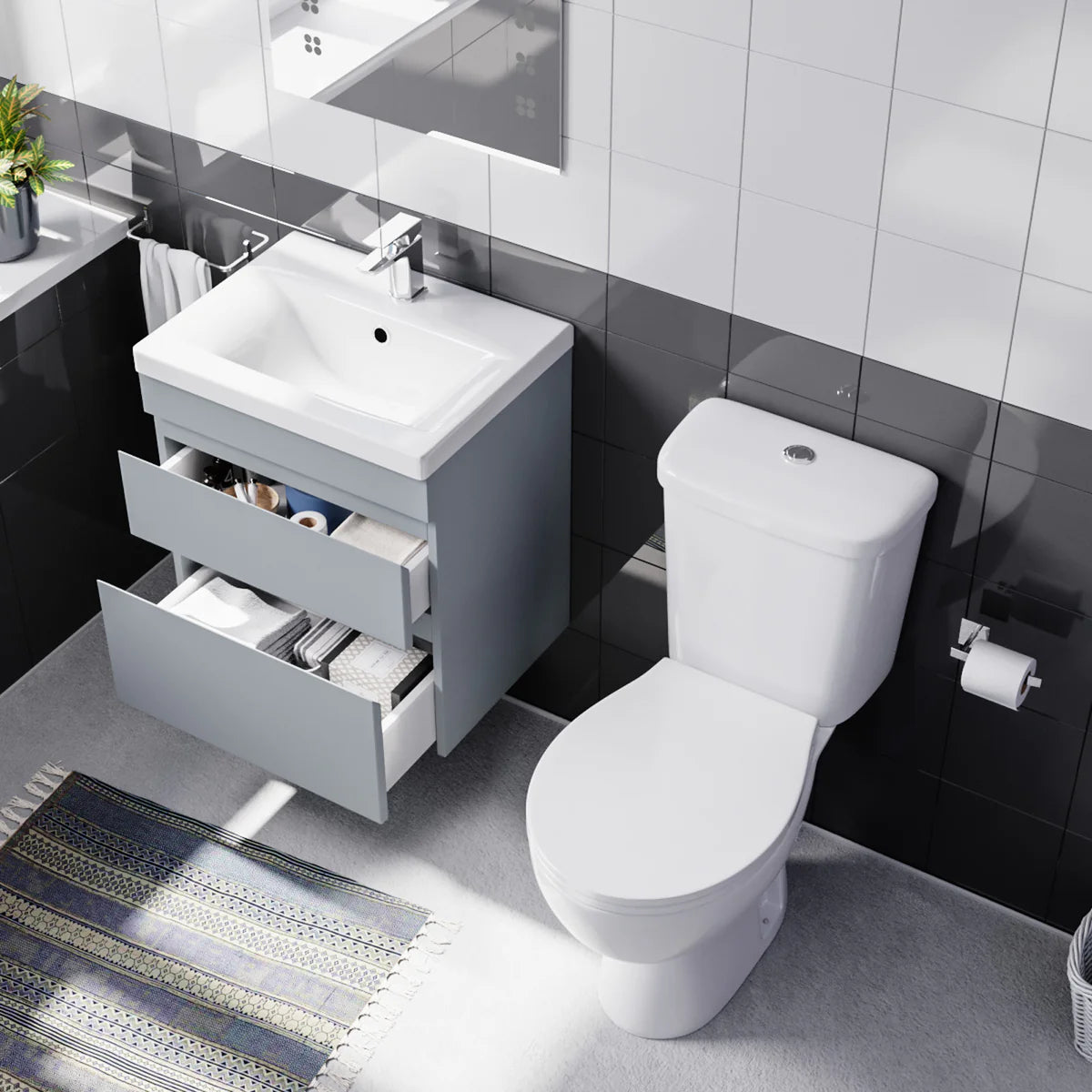 Alaska 500mm Wall Hung Vanity 2 Drawers Handless Matt Grey with Toilet