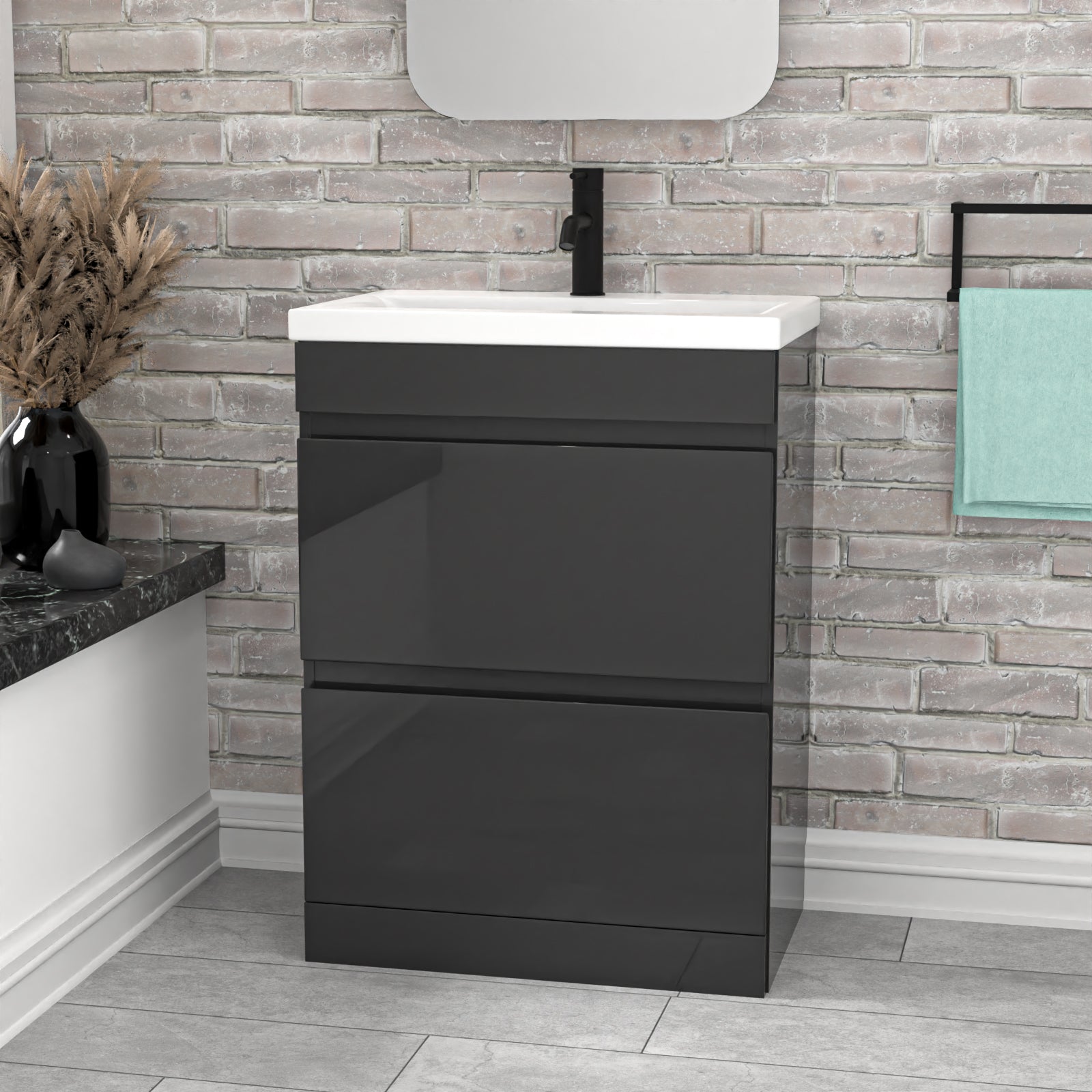 Alaska 600mm 2 Drawers Dark Grey Floorstanding Vanity Cabinet and Basin