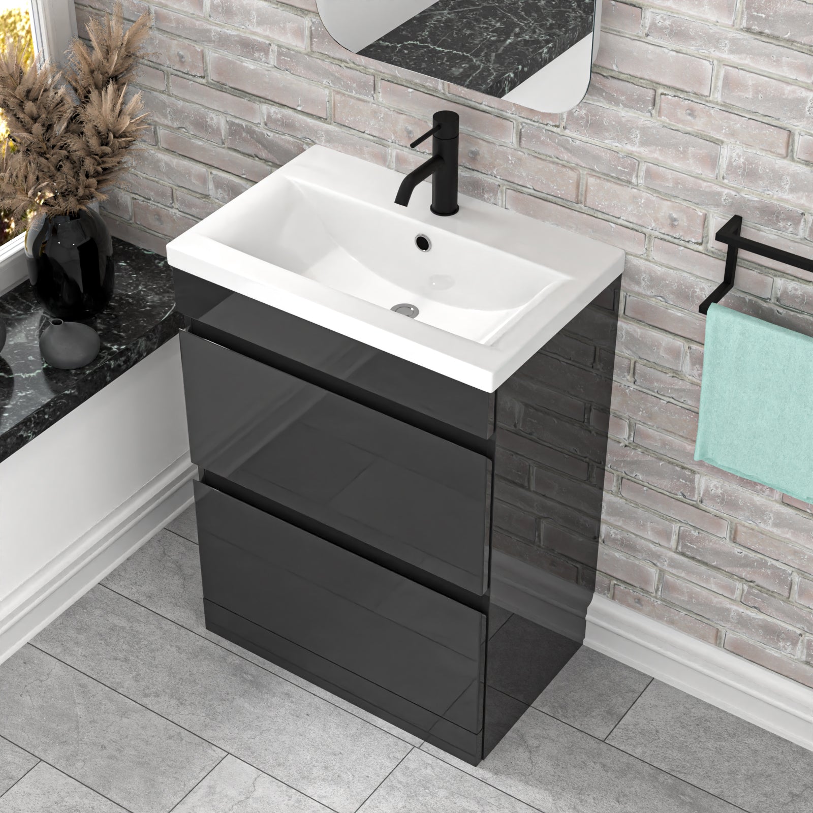 Alaska 600mm 2 Drawers Dark Grey Floorstanding Vanity Cabinet and Basin