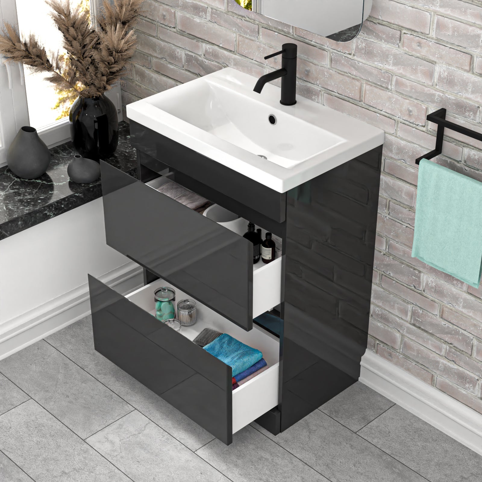 Alaska 600mm 2 Drawers Dark Grey Floorstanding Vanity Cabinet and Basin