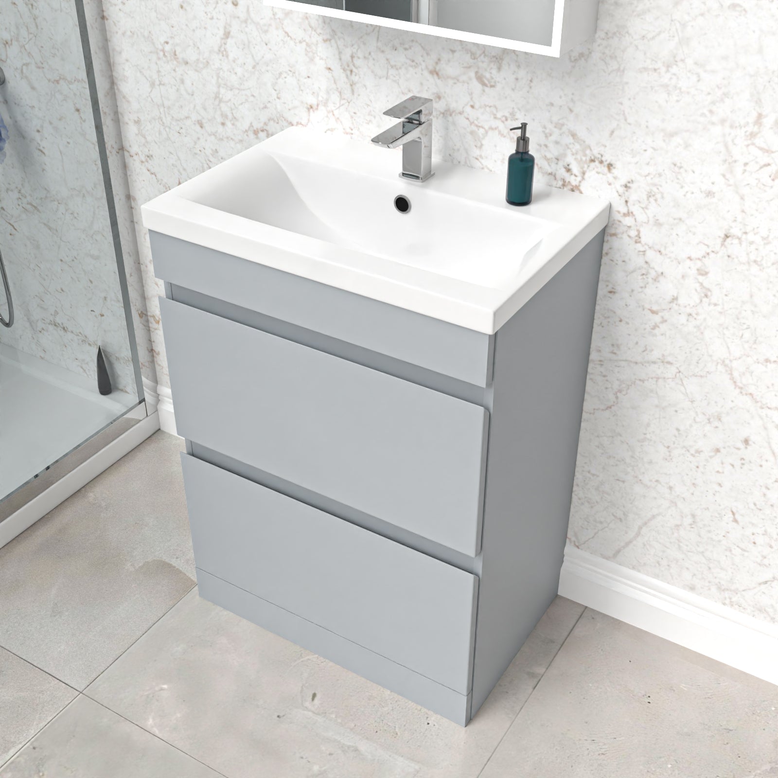 Alaska Matte Grey 600mm 2 Drawer Floorstanding Vanity Cabinet and Basin