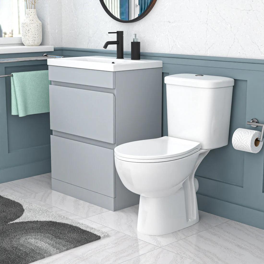Alaska 600mm Matte Grey 2 Drawers Handleless Basin Vanity Close Coupled Toilet