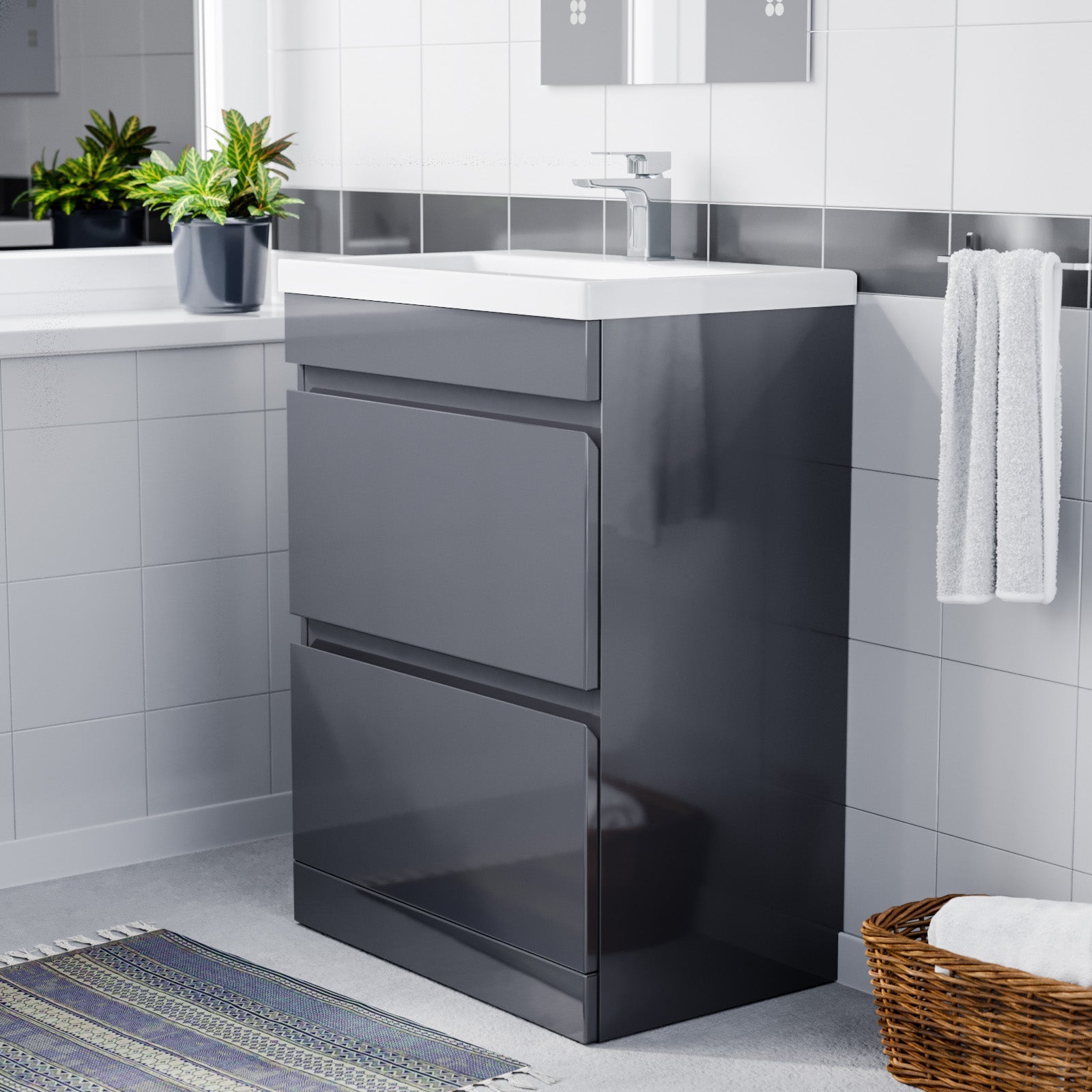 Alaska 600mm 2 Drawers Handless Floorstanding Basin Vanity Cabinet Steel Grey
