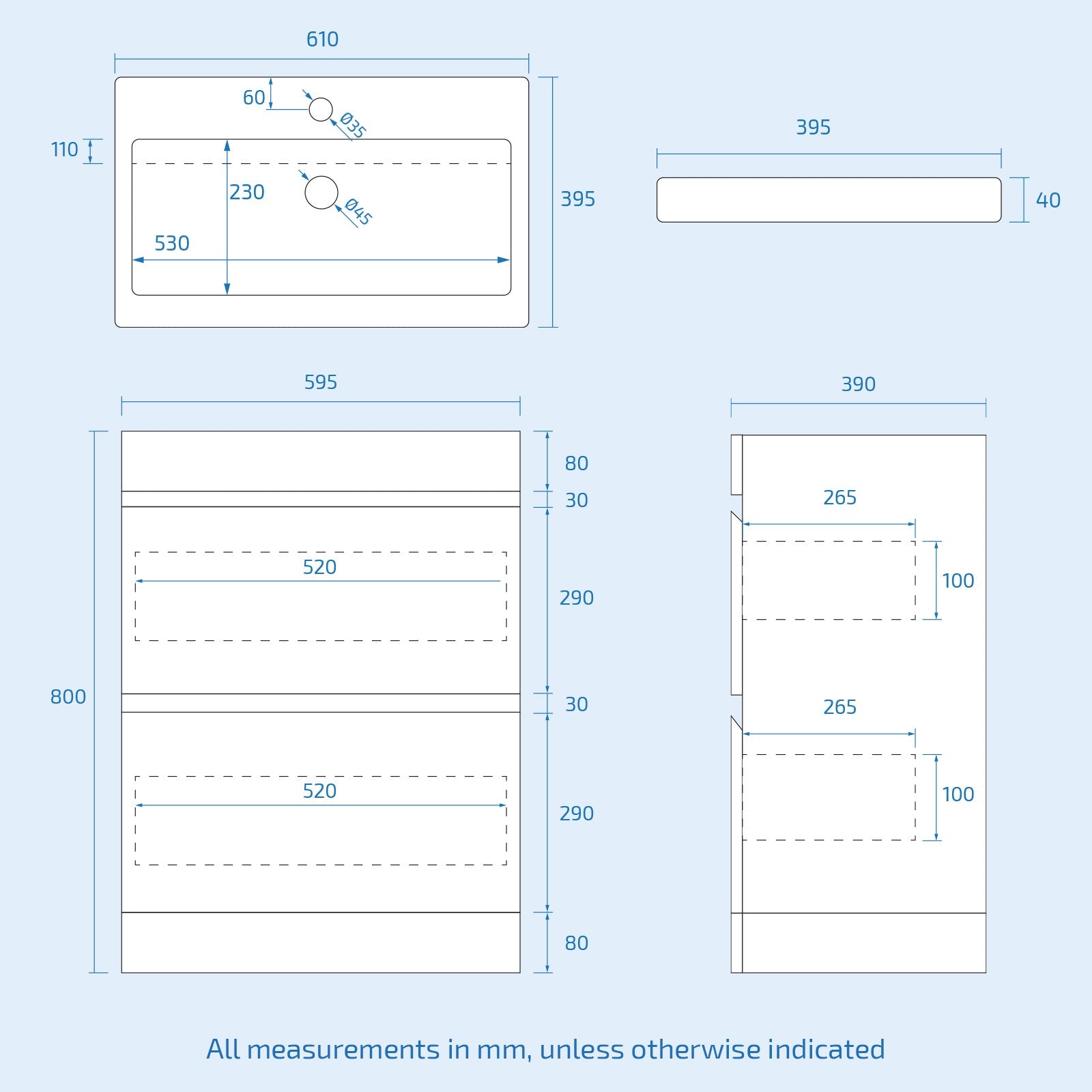 Technical drawing with measurements in millimeters on a light blue background