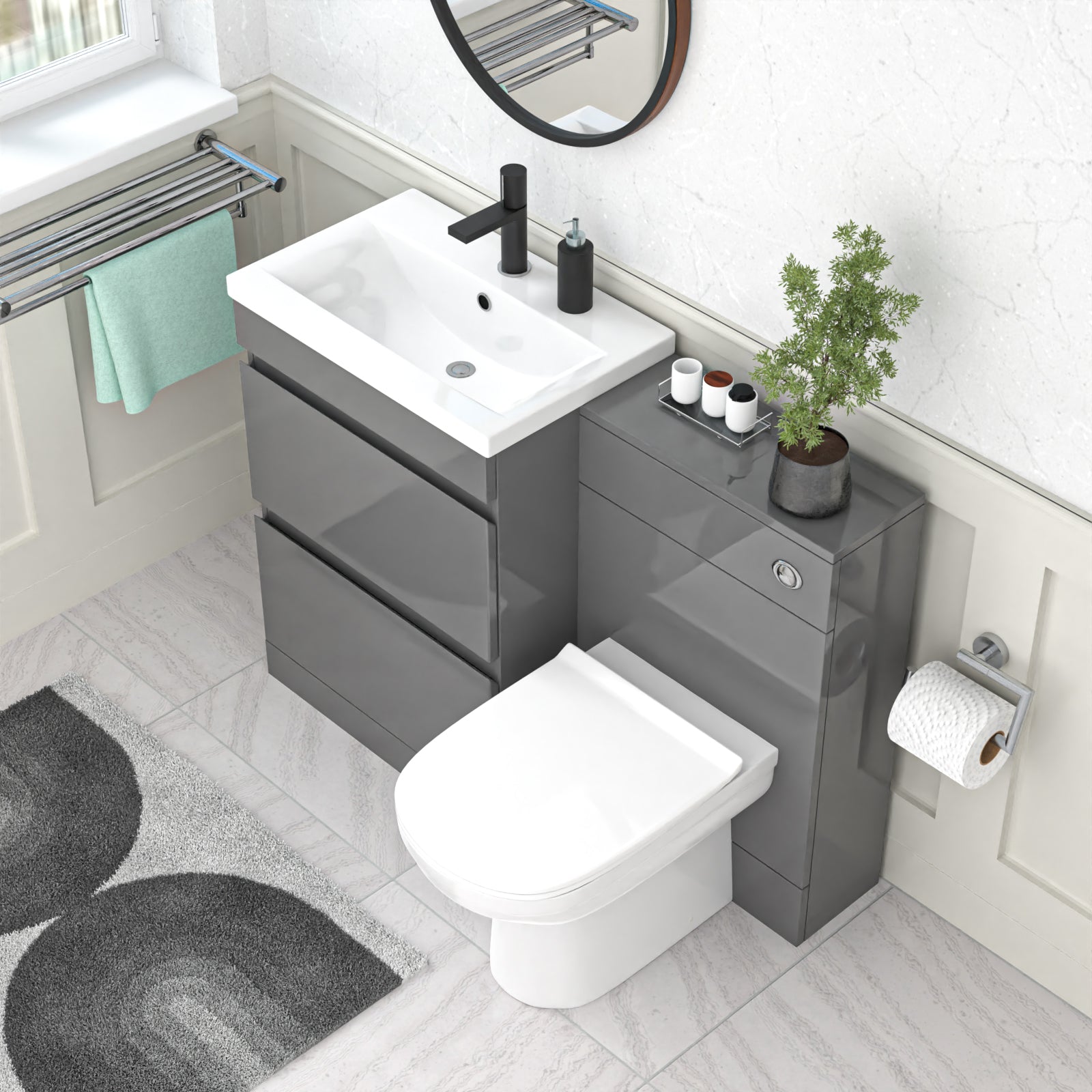 Alaska Grey 600mm Vanity Unit 2 Drawers WC Unit & BTW Toilet