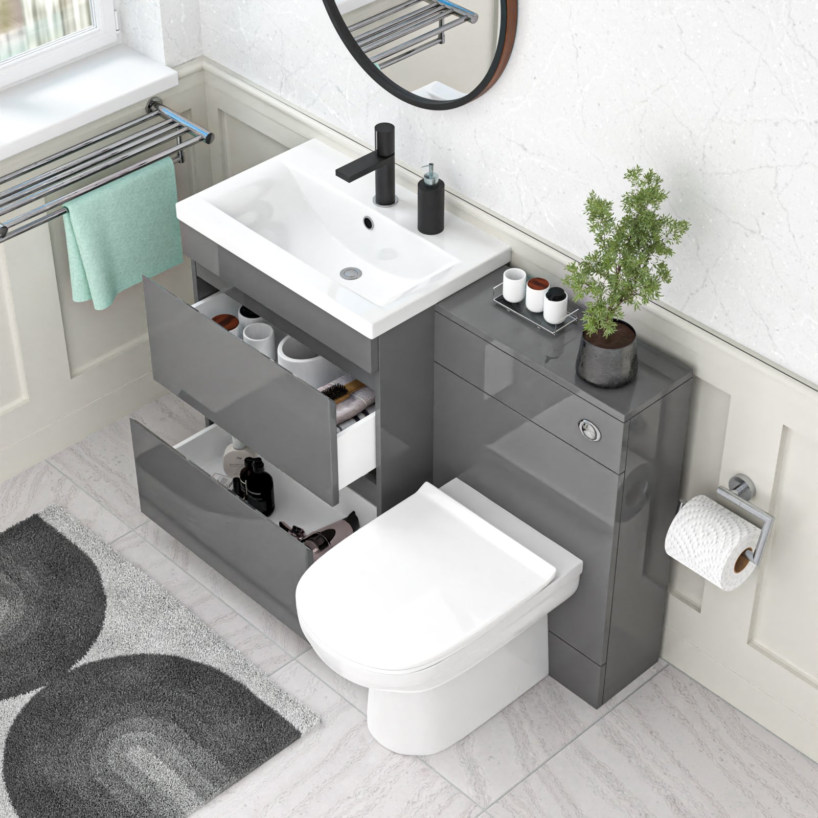 Alaska Grey 600mm Vanity Unit 2 Drawers WC Unit & BTW Toilet