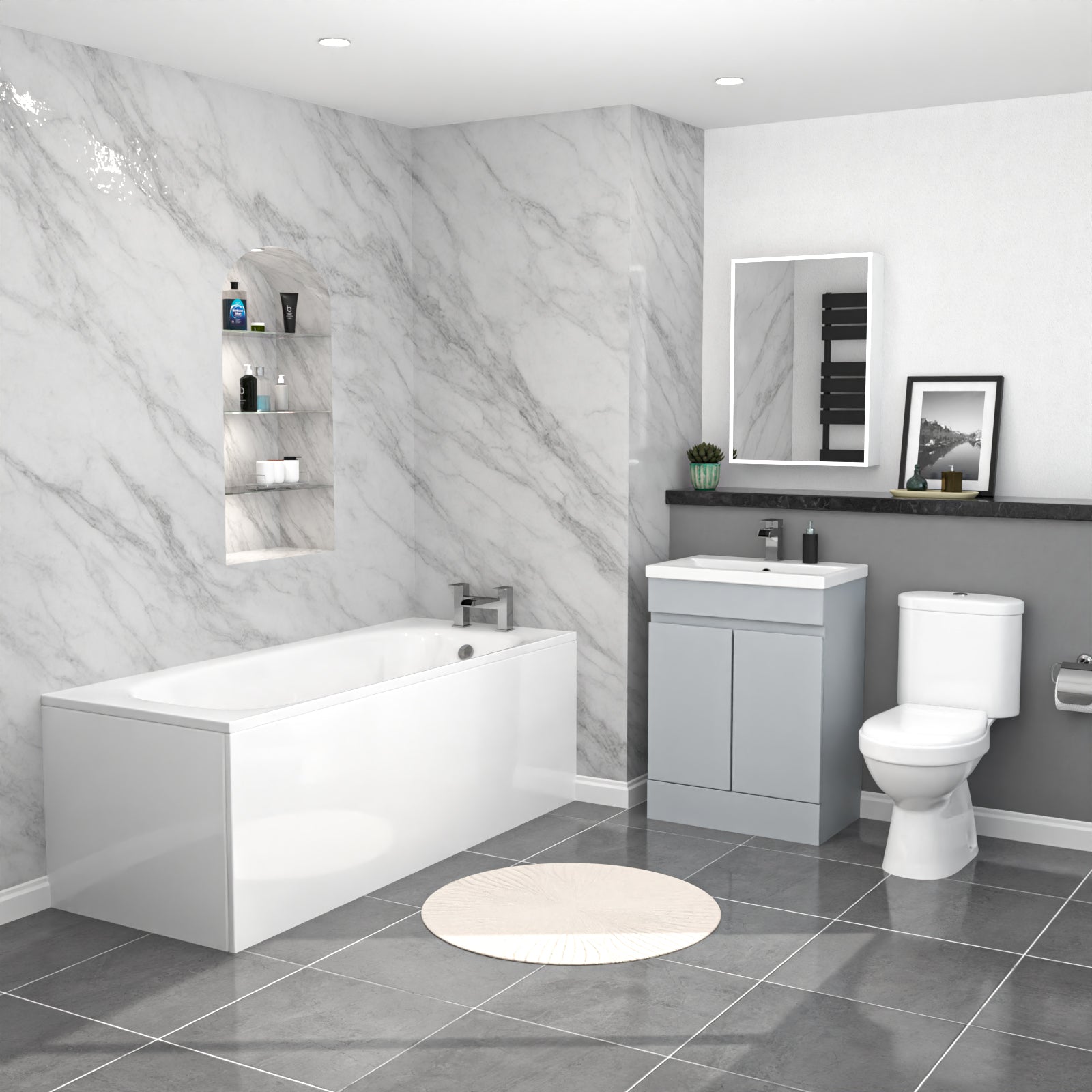 Alaska 1700mm Bath, Matte Grey Basin Vanity & Close Coupled Toilet