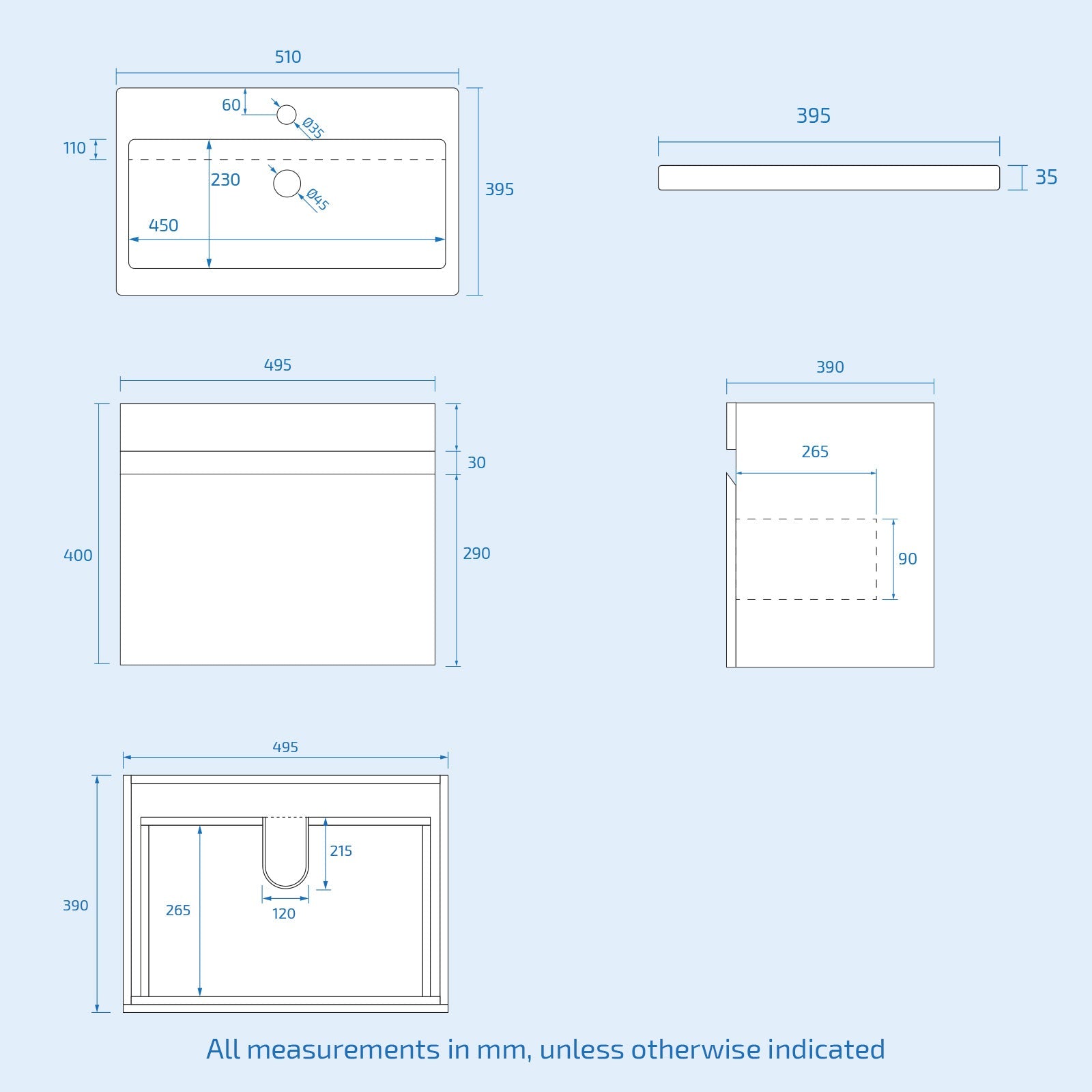 Technical drawing with dimensions on a light blue background