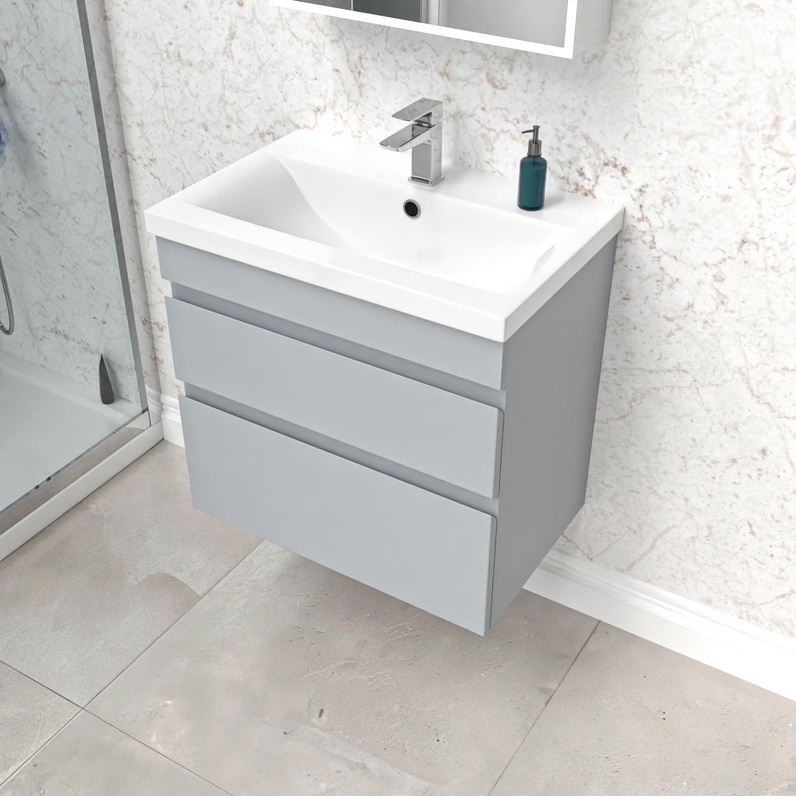 Alaska Matt Grey 600mm 2 Drawer Wall Hung Vanity Cabinet and Basin Sink Unit