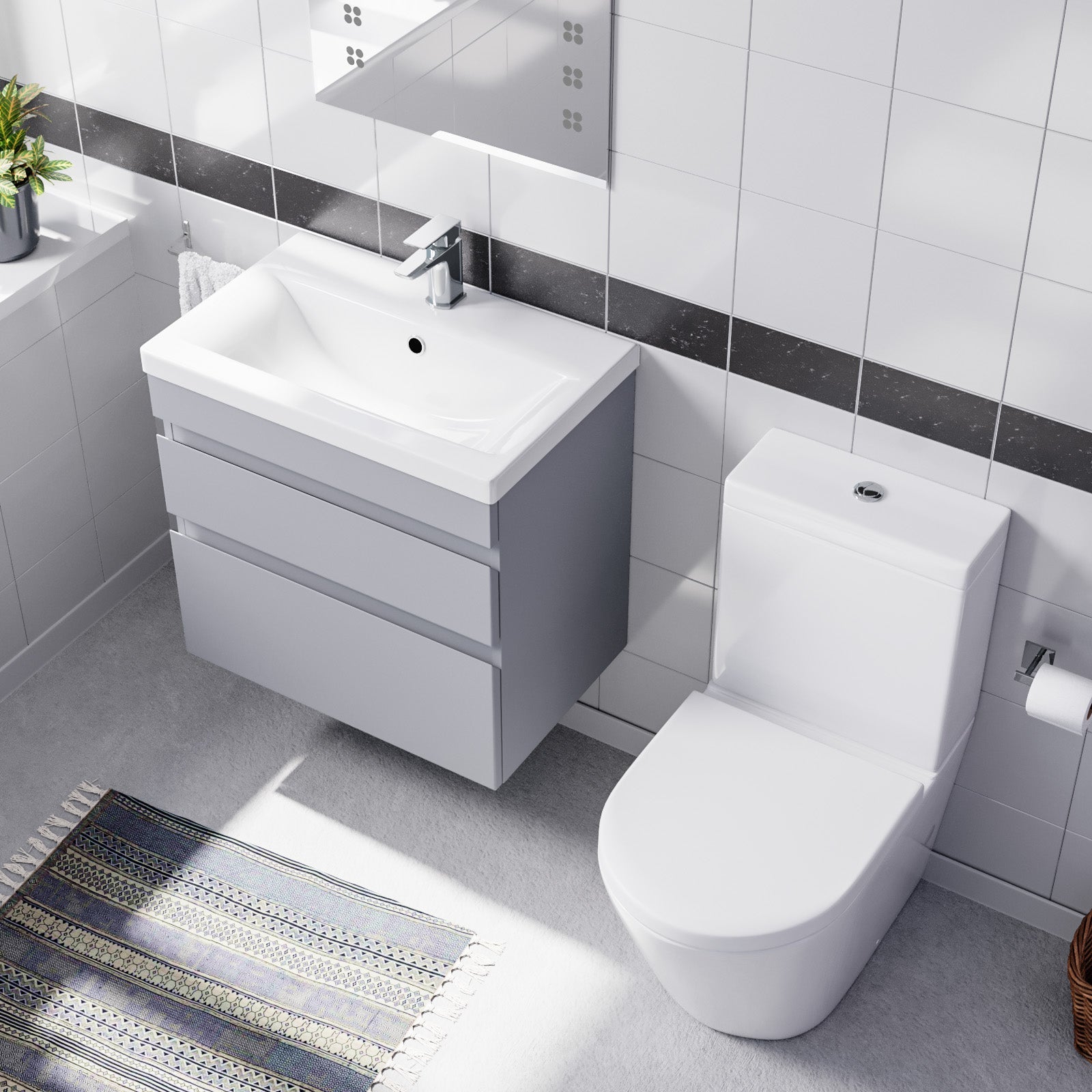 Alaska 600mm Matte Grey Wall Hung Drawers Vanity & Close Coupled Toilet Set