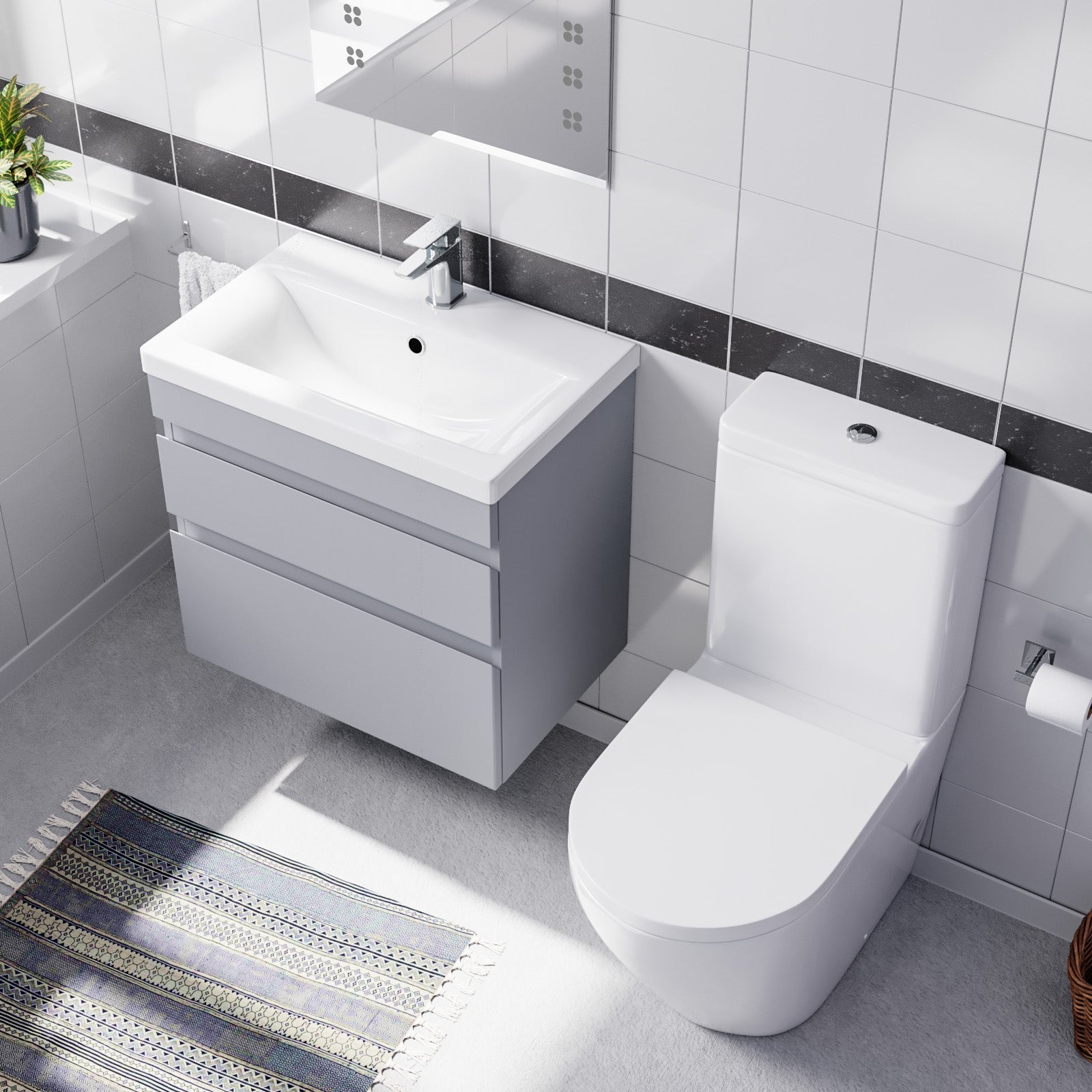 Alaska 600mm Matte Grey Wall Hung 2 Drawers Vanity Unit & Rimless Toilet