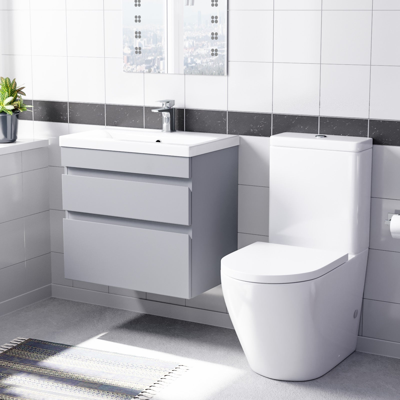 Alaska 600mm Matte Grey Wall Hung 2 Drawers Vanity Unit & Rimless Toilet