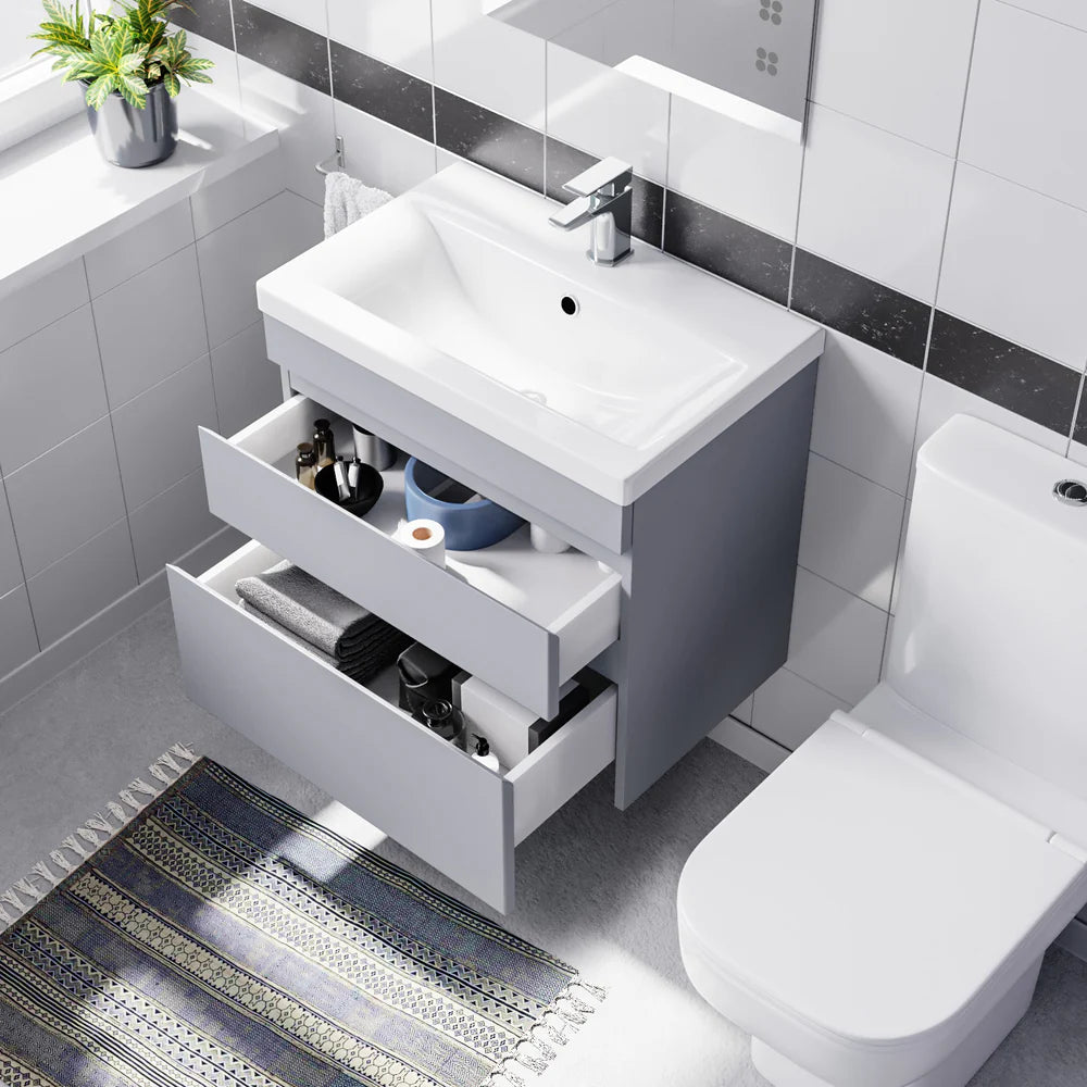 Alaska Matte Grey 600mm Wall Hung Drawers Vanity Unit & Rimless Toilet Set