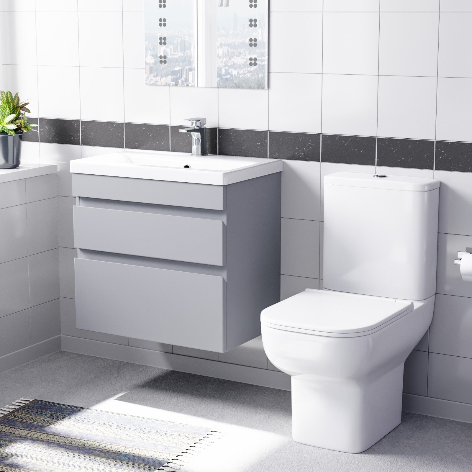 Alaska Matte Grey 600mm Wall Hung Drawers Vanity Unit & Rimless Toilet Set