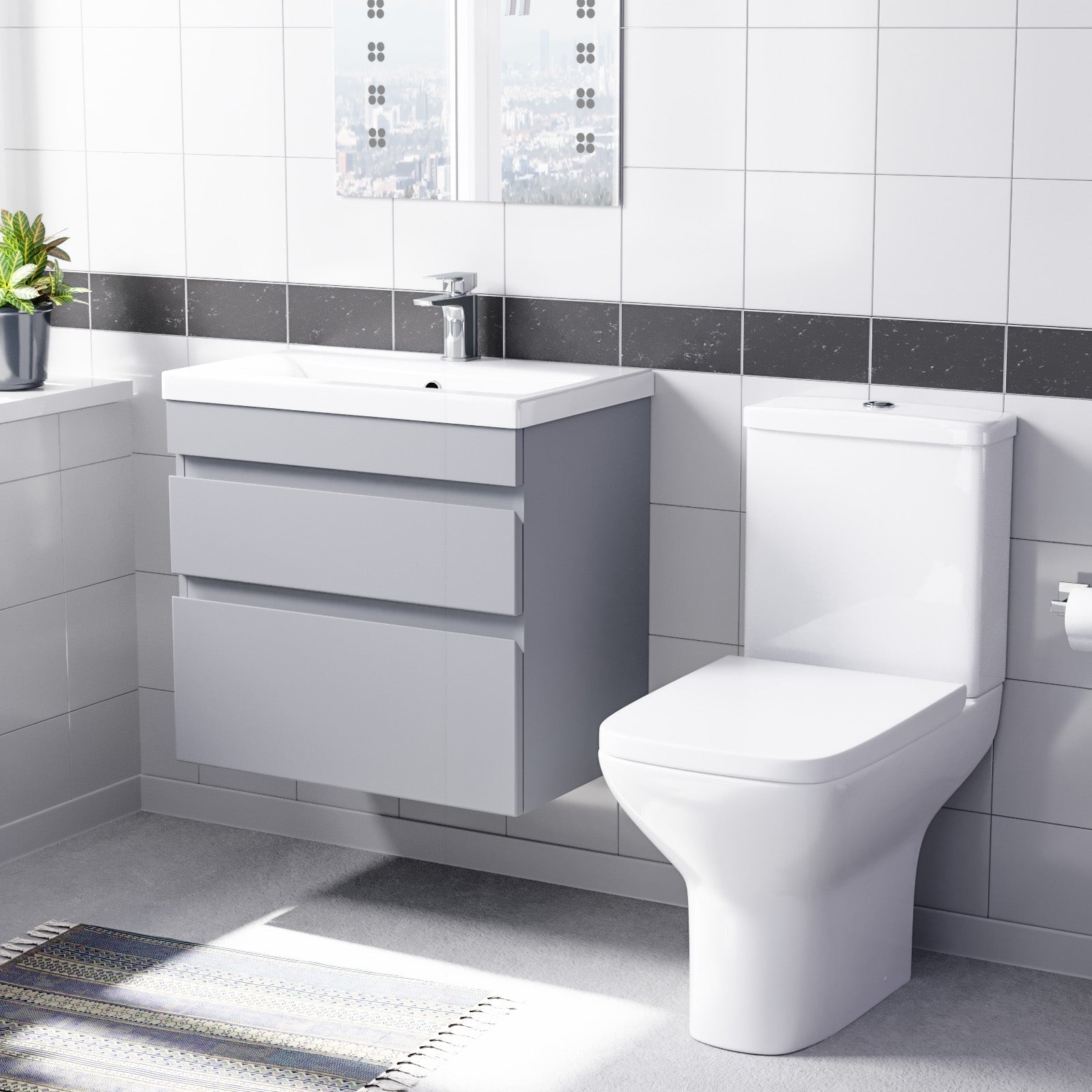 Alaska Matte Grey 600mm Wall Hung Drawers Vanity Unit & Rimless Toilet Set