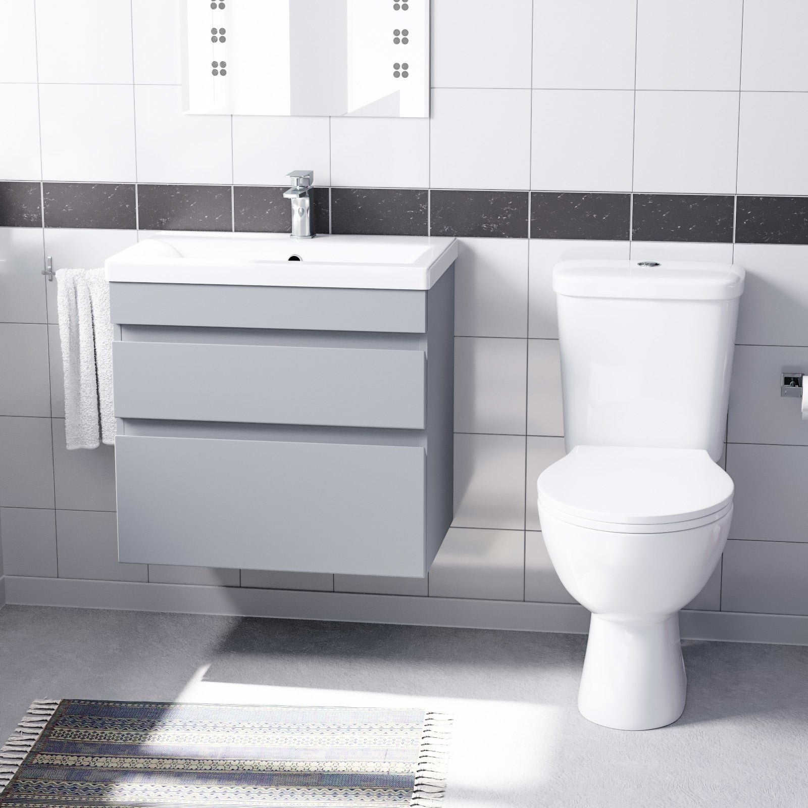 Alaska Matte Grey 600mm Wall Hung 2 Drawers Vanity Unit & Close Coupled Toilet