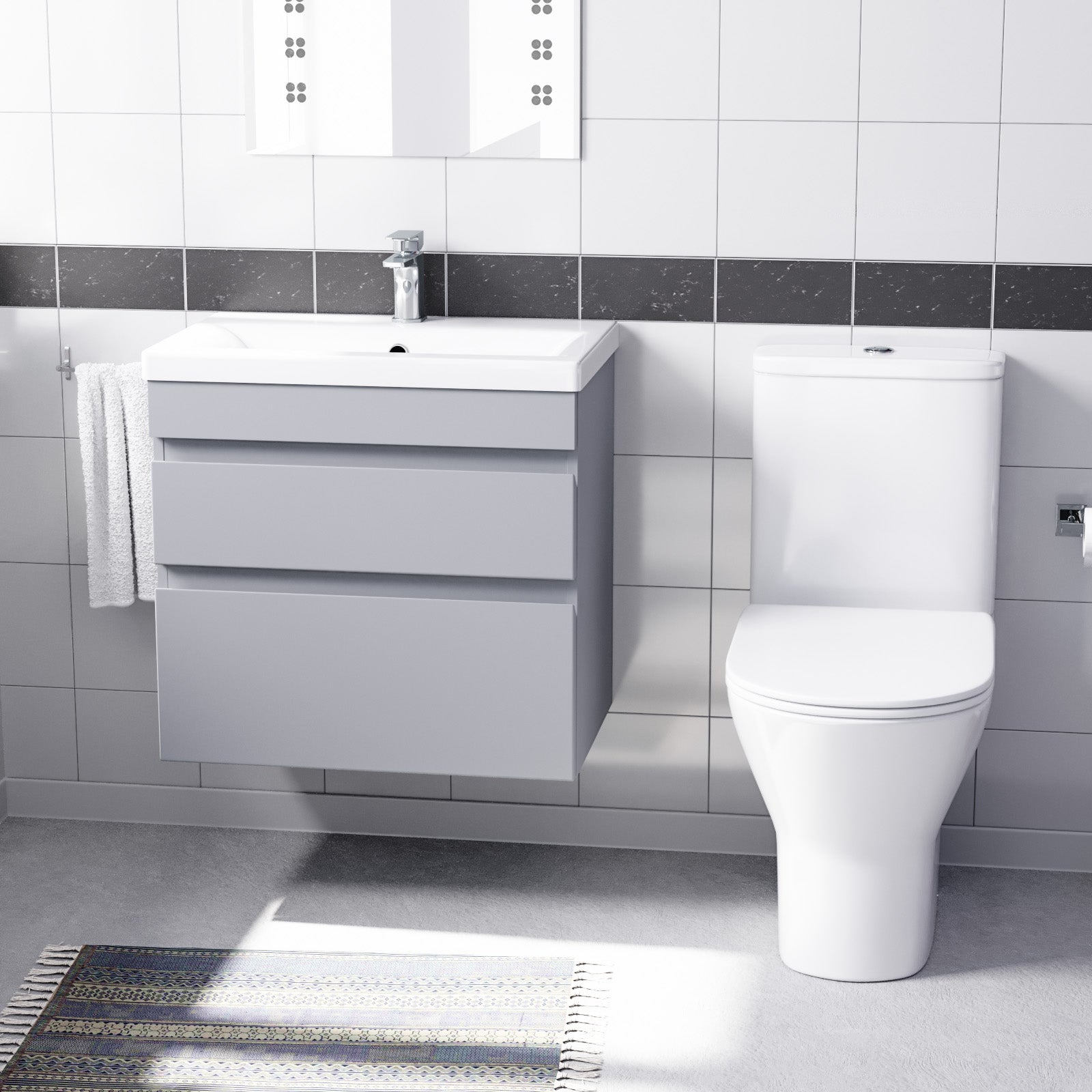 Alaska Matte Grey 600mm Drawers Vanity Unit Wall Hung & Rimless Toilet Set