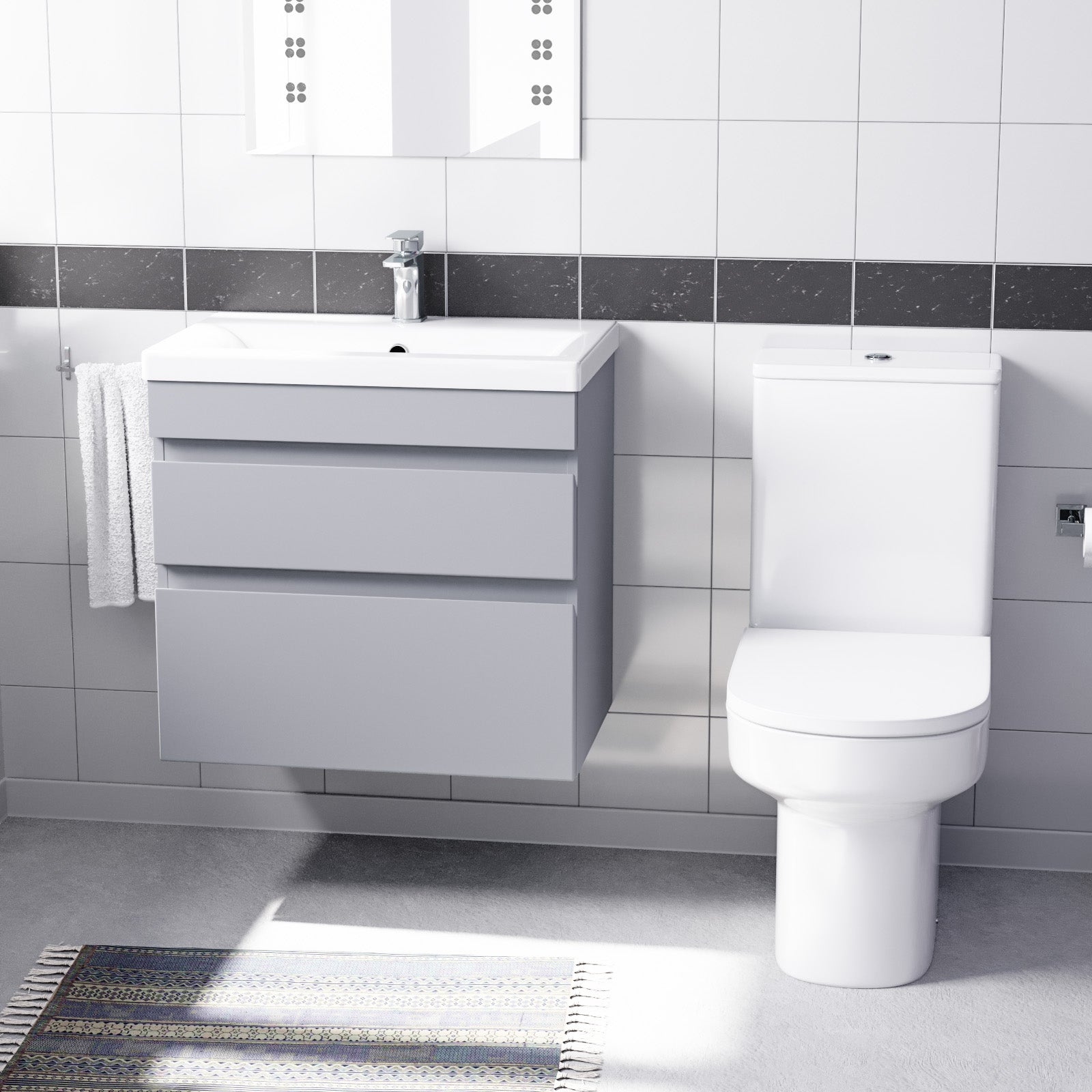 Alaska Matte Grey 600mm Drawers Vanity Unit Wall Hung & Rimless Toilet Set