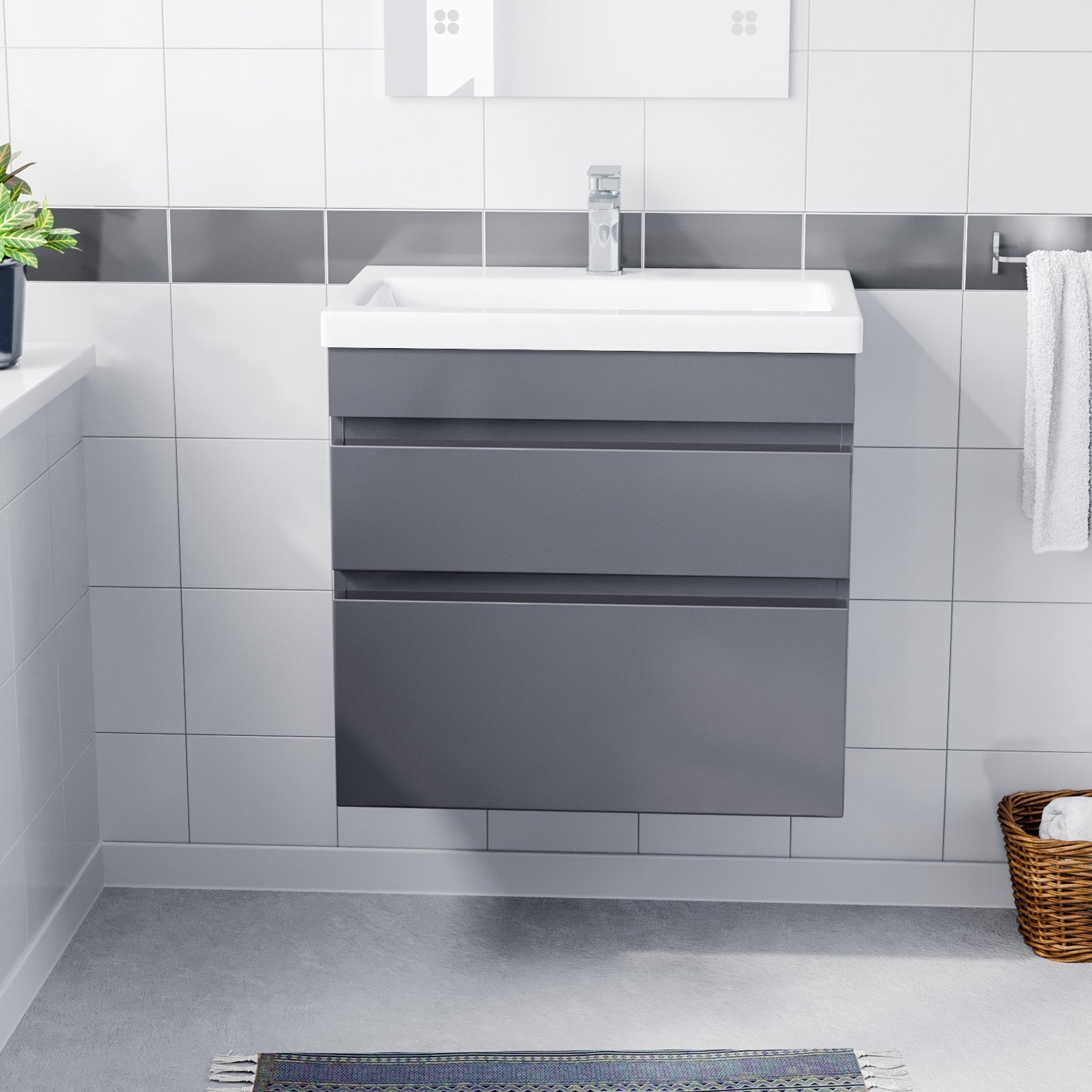Alaska 600mm 2 Drawers Handless Wall Hung Basin Vanity Cabinet Unit Steel Grey