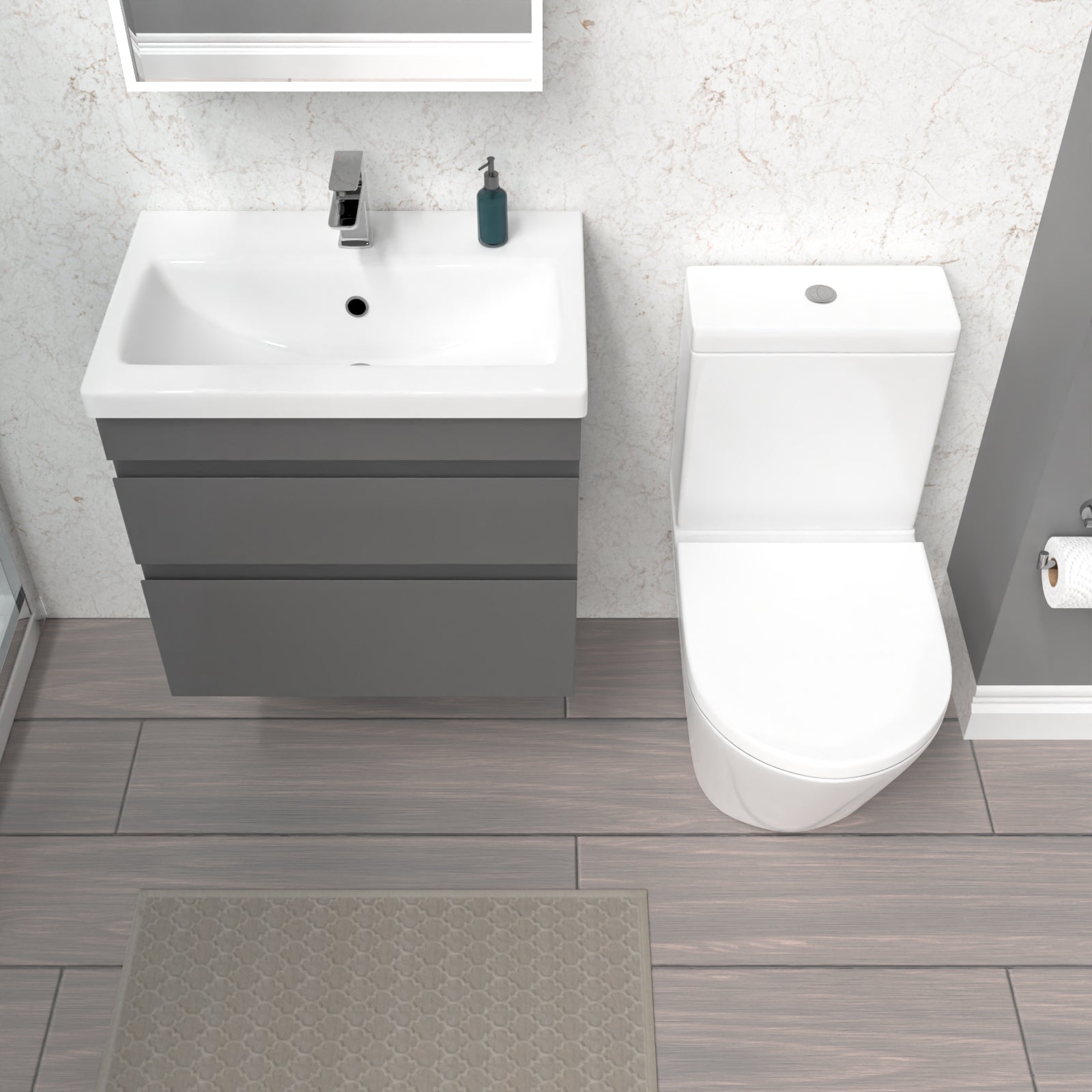 Alaska 600mm Steel Grey Wall Hung Drawers Vanity & Close Coupled Toilet Set