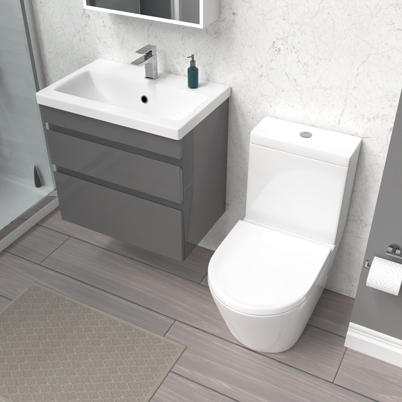 Alaska 600mm Steel Grey Wall Hung Drawers Vanity & Close Coupled Toilet Set