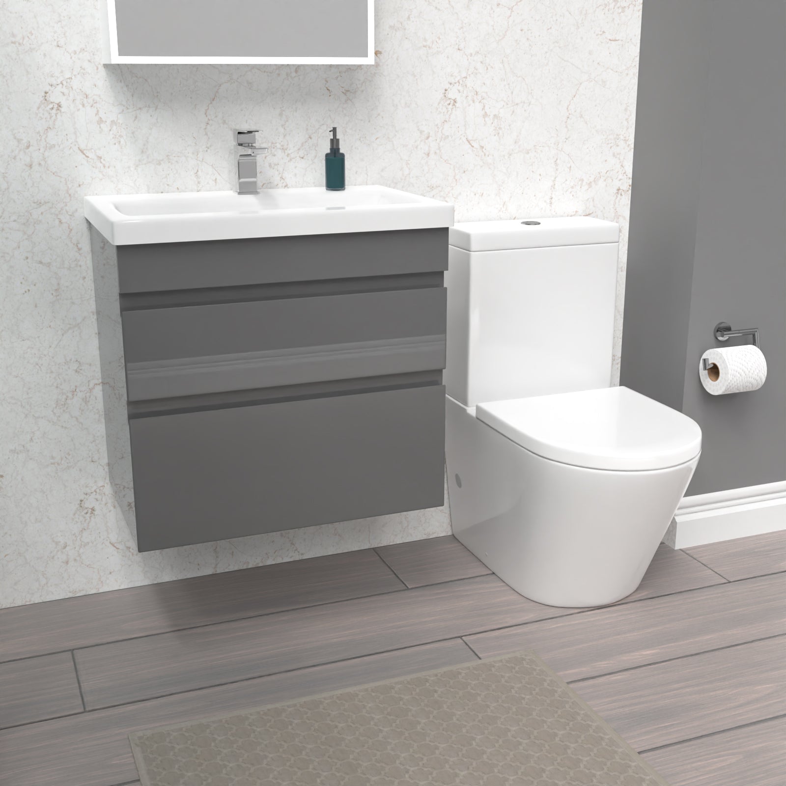 Alaska 600mm Steel Grey Wall Hung Drawers Vanity & Close Coupled Toilet Set