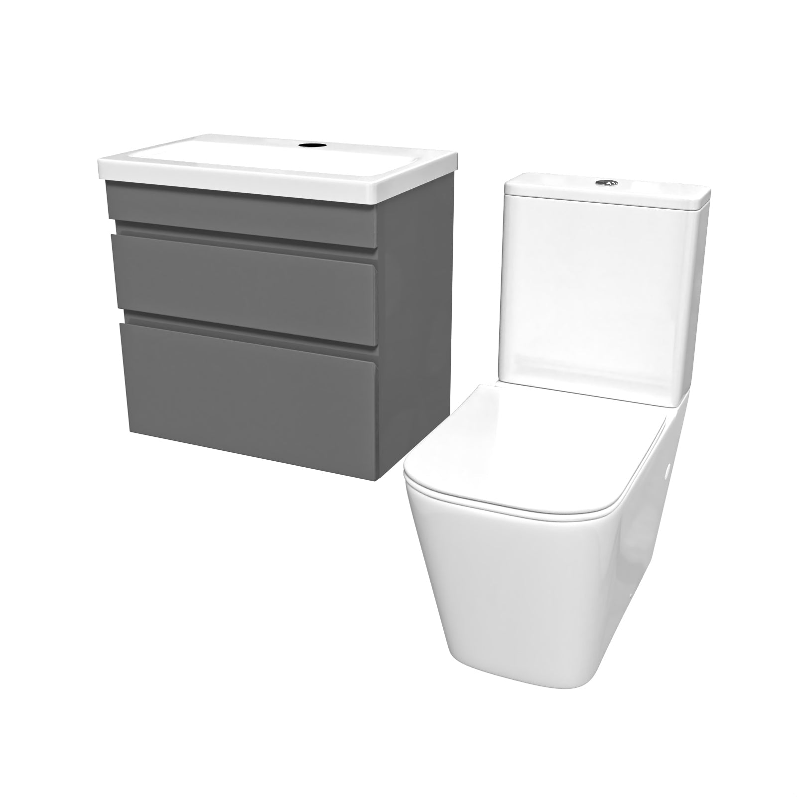 Gray vanity unit with white sink and white toilet