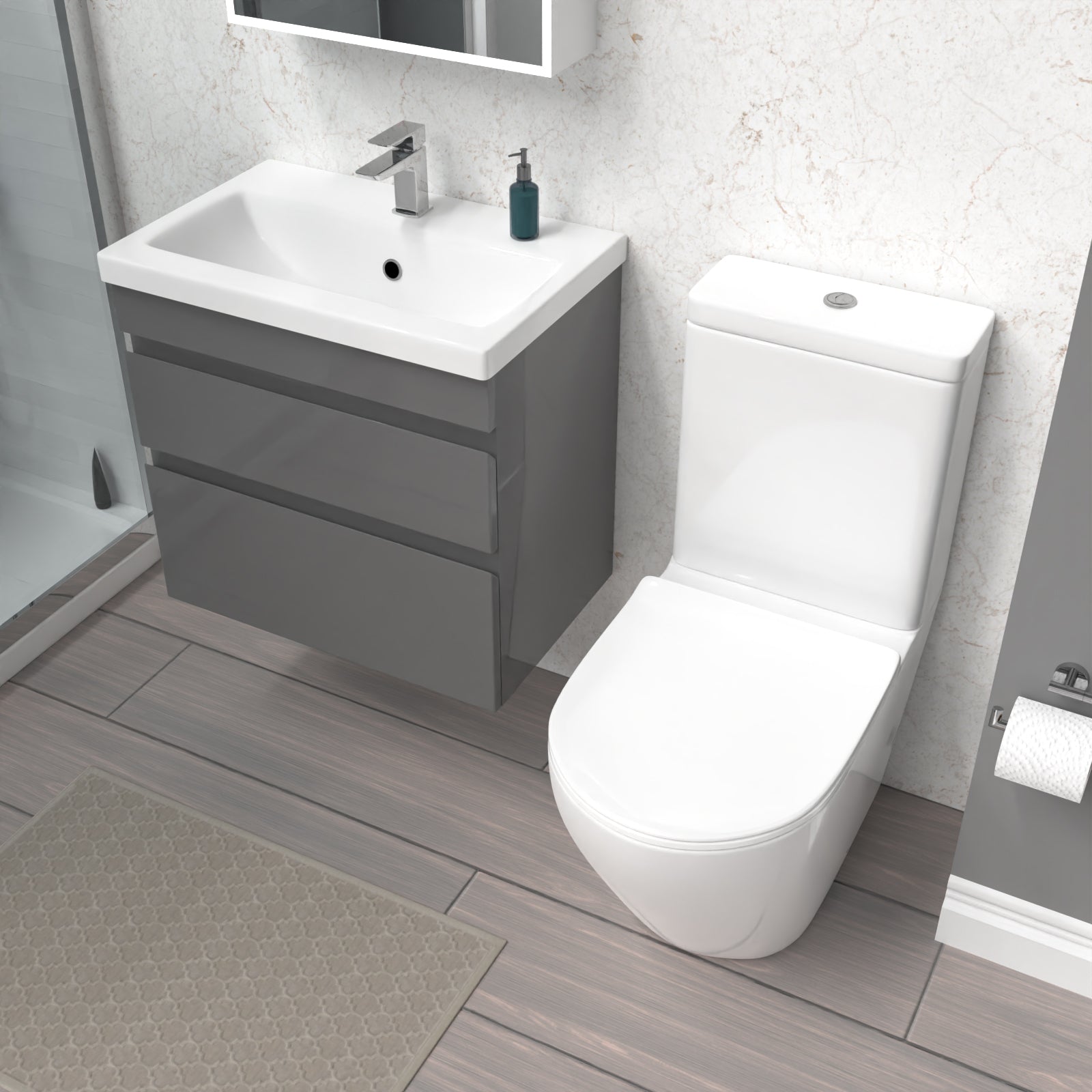 Alaska 600mm Steel Grey Wall Hung 2 Drawers Vanity Unit & Rimless Toilet