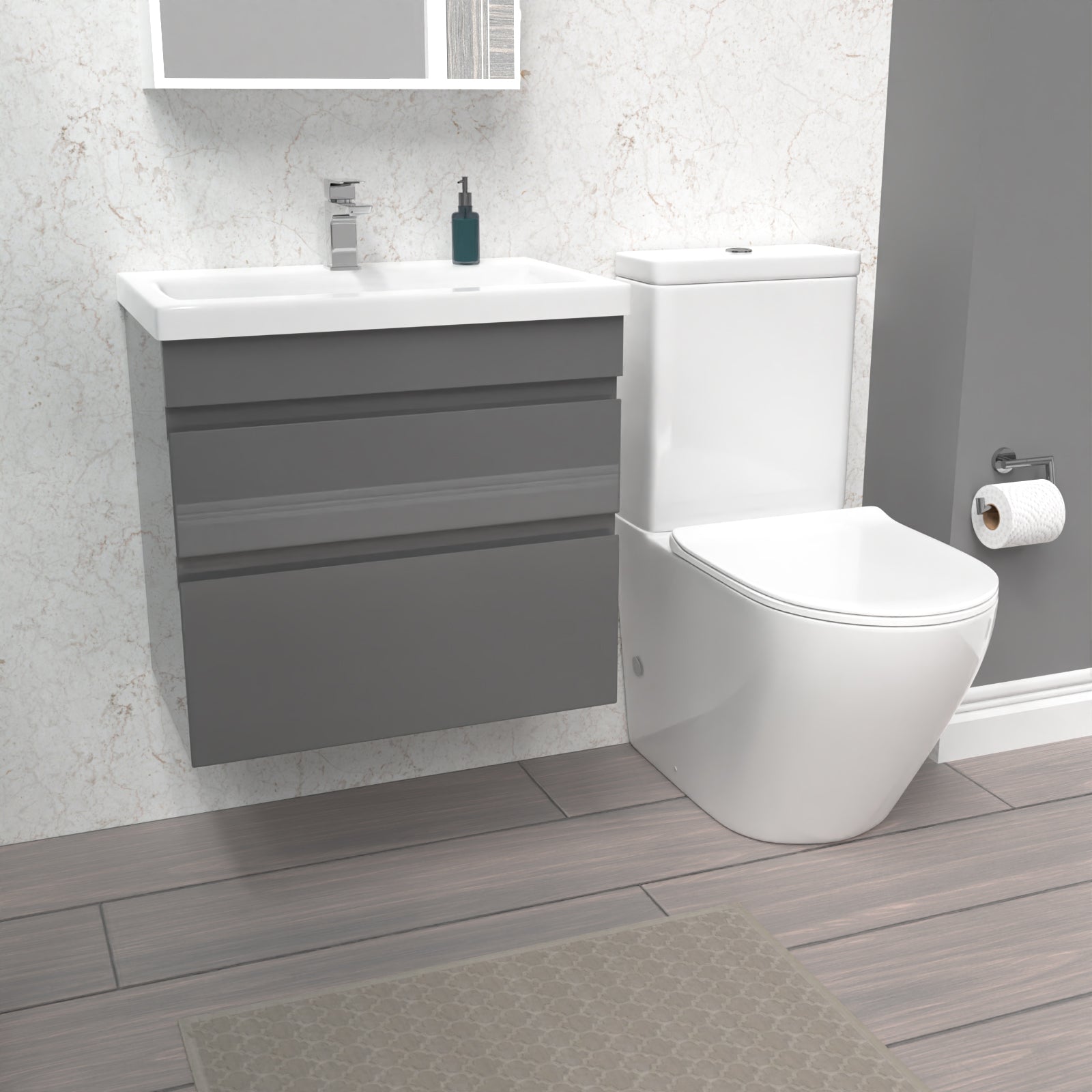 Alaska 600mm Steel Grey Wall Hung 2 Drawers Vanity Unit & Rimless Toilet