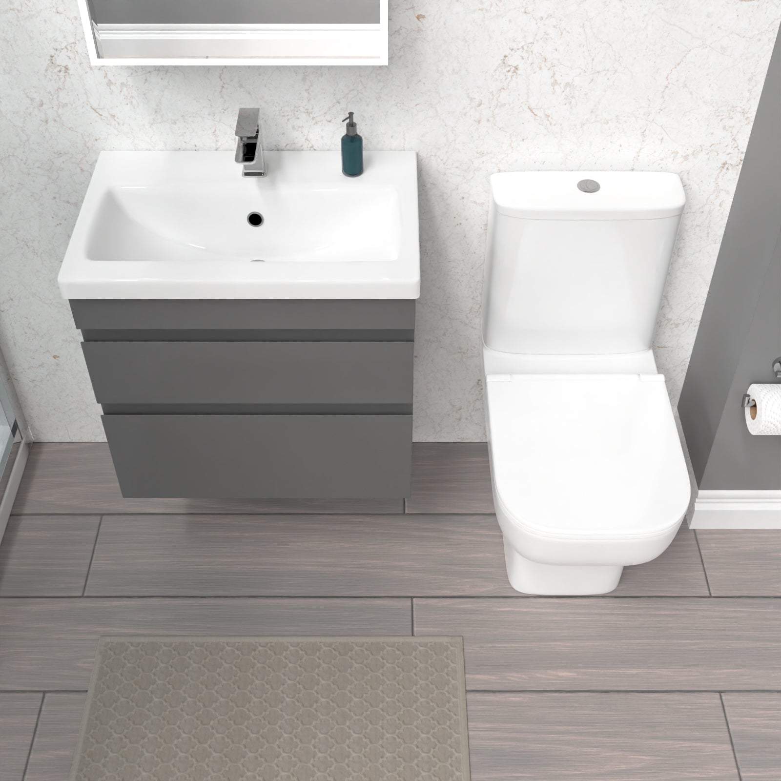 Alaska 600mm Steel Grey Wall Hung Drawers Vanity Unit & Rimless Toilet Set