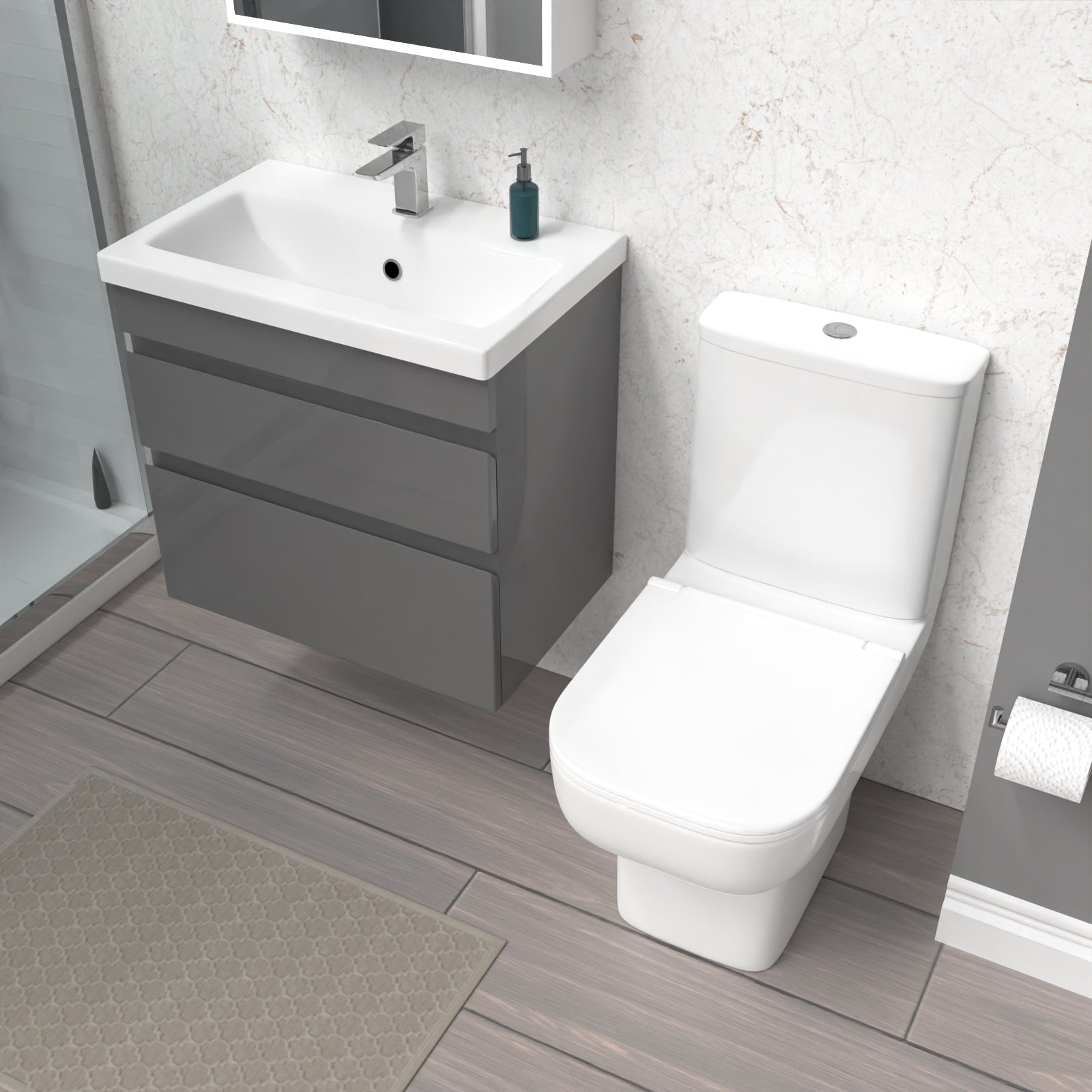 Alaska 600mm Steel Grey Wall Hung Drawers Vanity Unit & Rimless Toilet Set