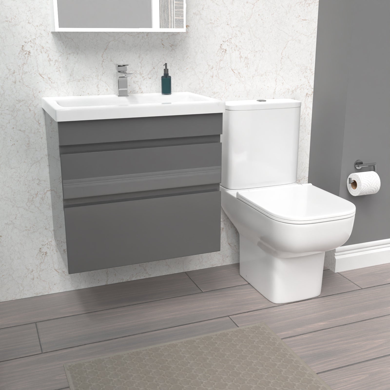 Alaska 600mm Steel Grey Wall Hung Drawers Vanity Unit & Rimless Toilet Set