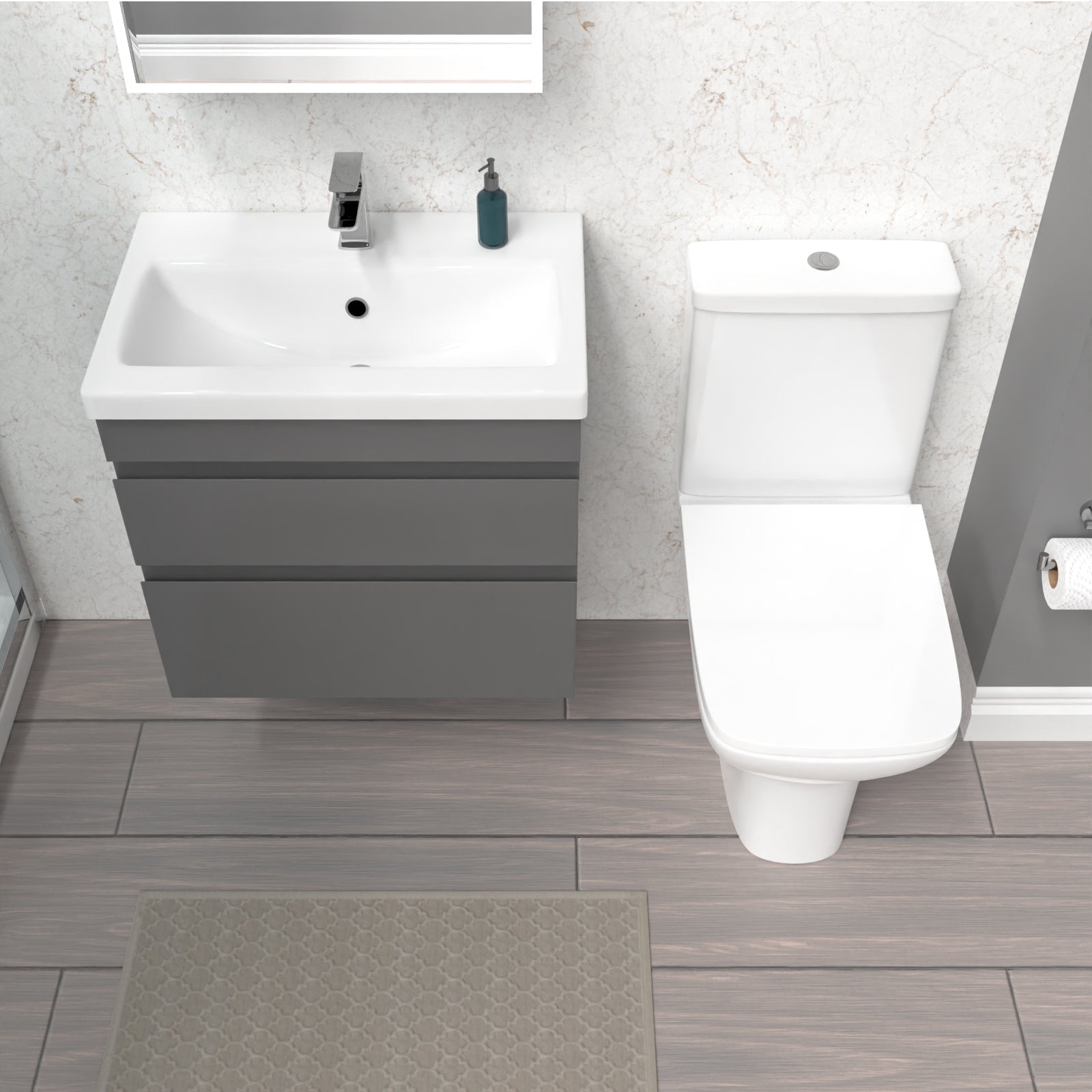 Alaska 600mm Wall Hung Drawers Vanity Unit Steel Grey & Rimless Toilet Set