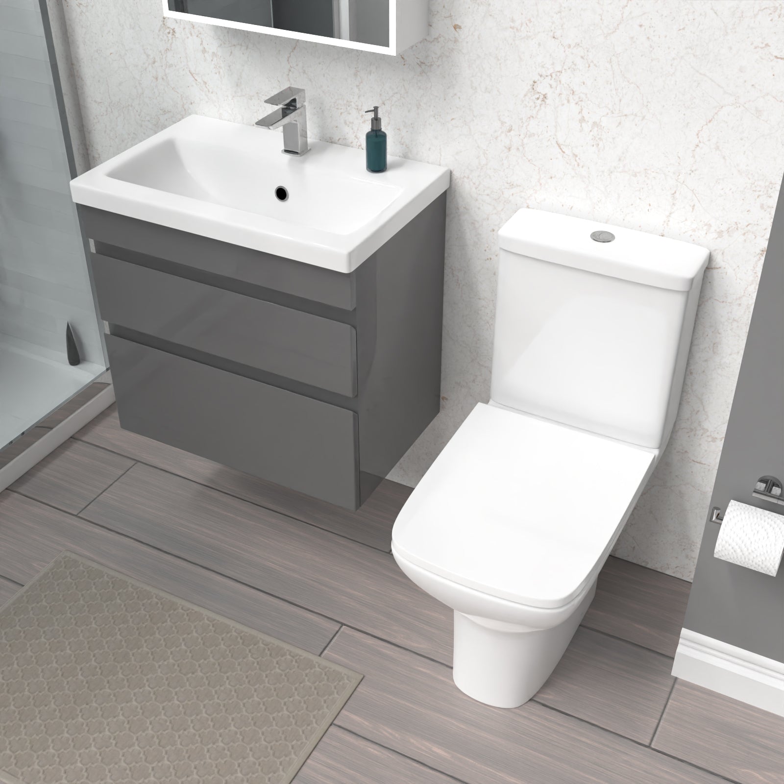 Alaska 600mm Wall Hung Drawers Vanity Unit Steel Grey & Rimless Toilet Set
