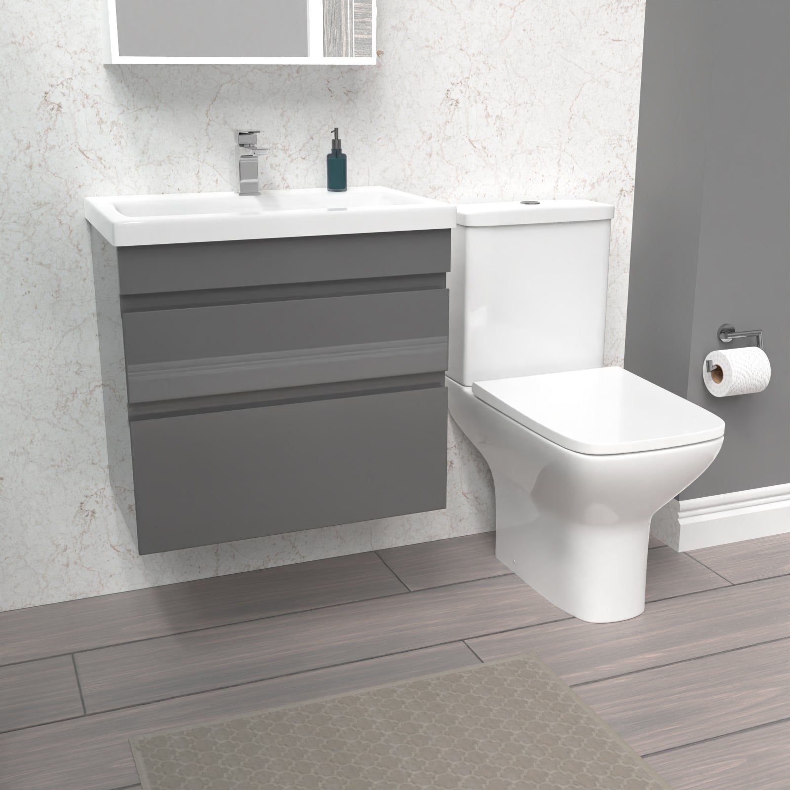 Alaska 600mm Wall Hung Drawers Vanity Unit Steel Grey & Rimless Toilet Set