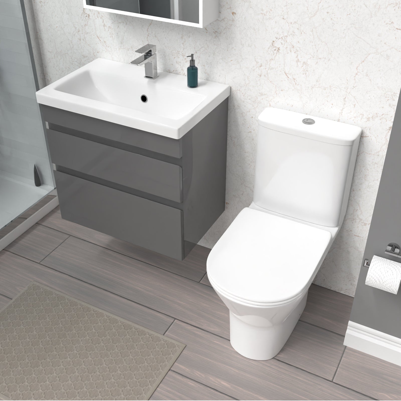 Alaska 600mm Drawers Vanity Unit Wall Hung Steel Grey & Rimless Toilet Set