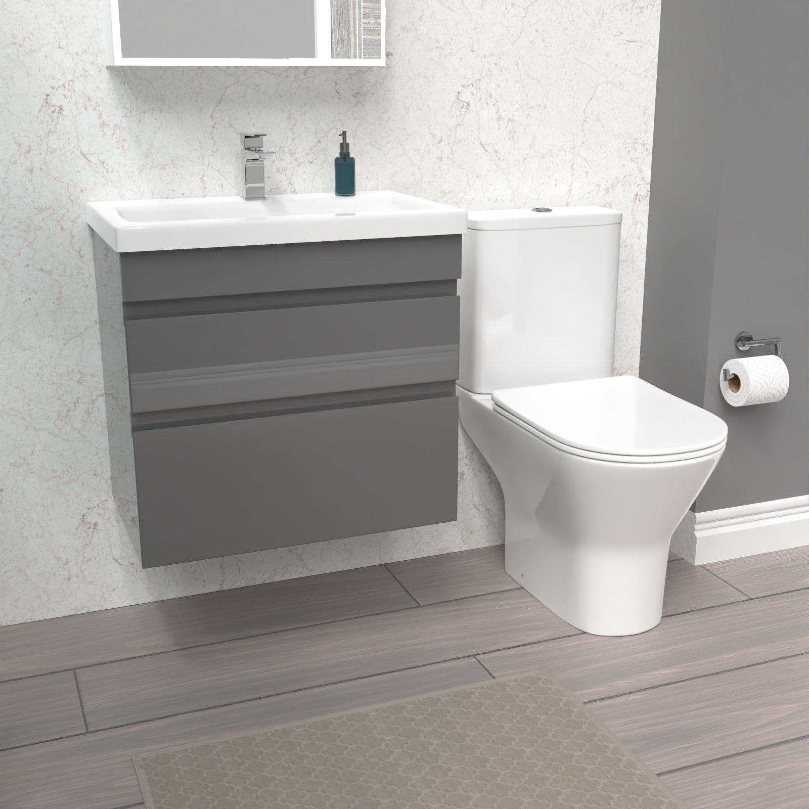 Alaska 600mm Drawers Vanity Unit Wall Hung Steel Grey & Rimless Toilet Set