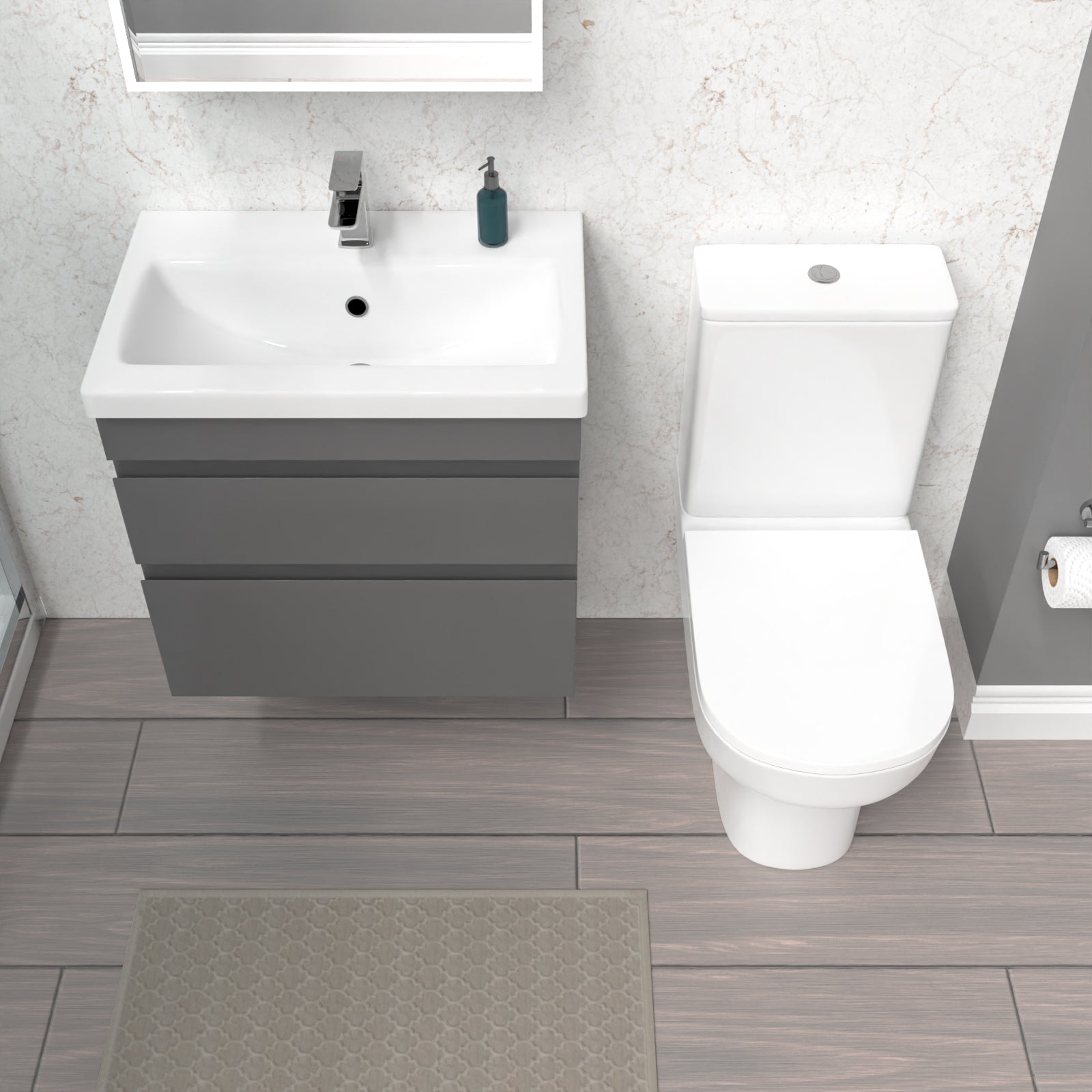Alaska Steel Grey 600mm Drawers Vanity Unit Wall Hung & Rimless Toilet Set