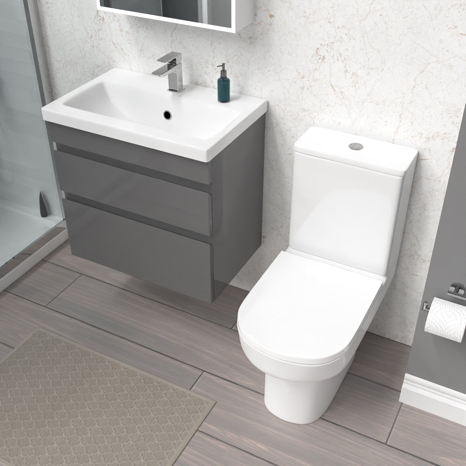 Alaska Steel Grey 600mm Drawers Vanity Unit Wall Hung & Rimless Toilet Set