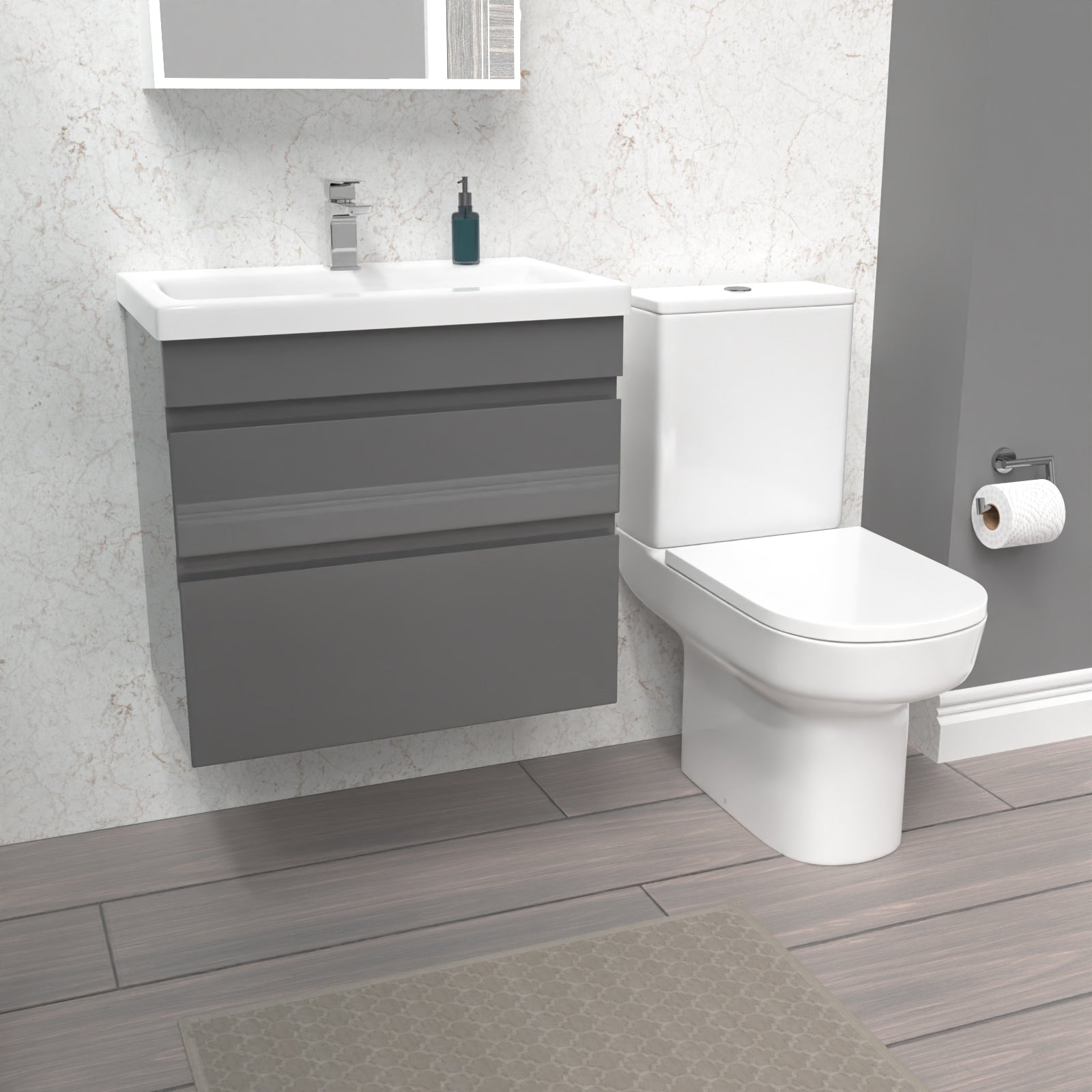 Alaska Steel Grey 600mm Drawers Vanity Unit Wall Hung & Rimless Toilet Set