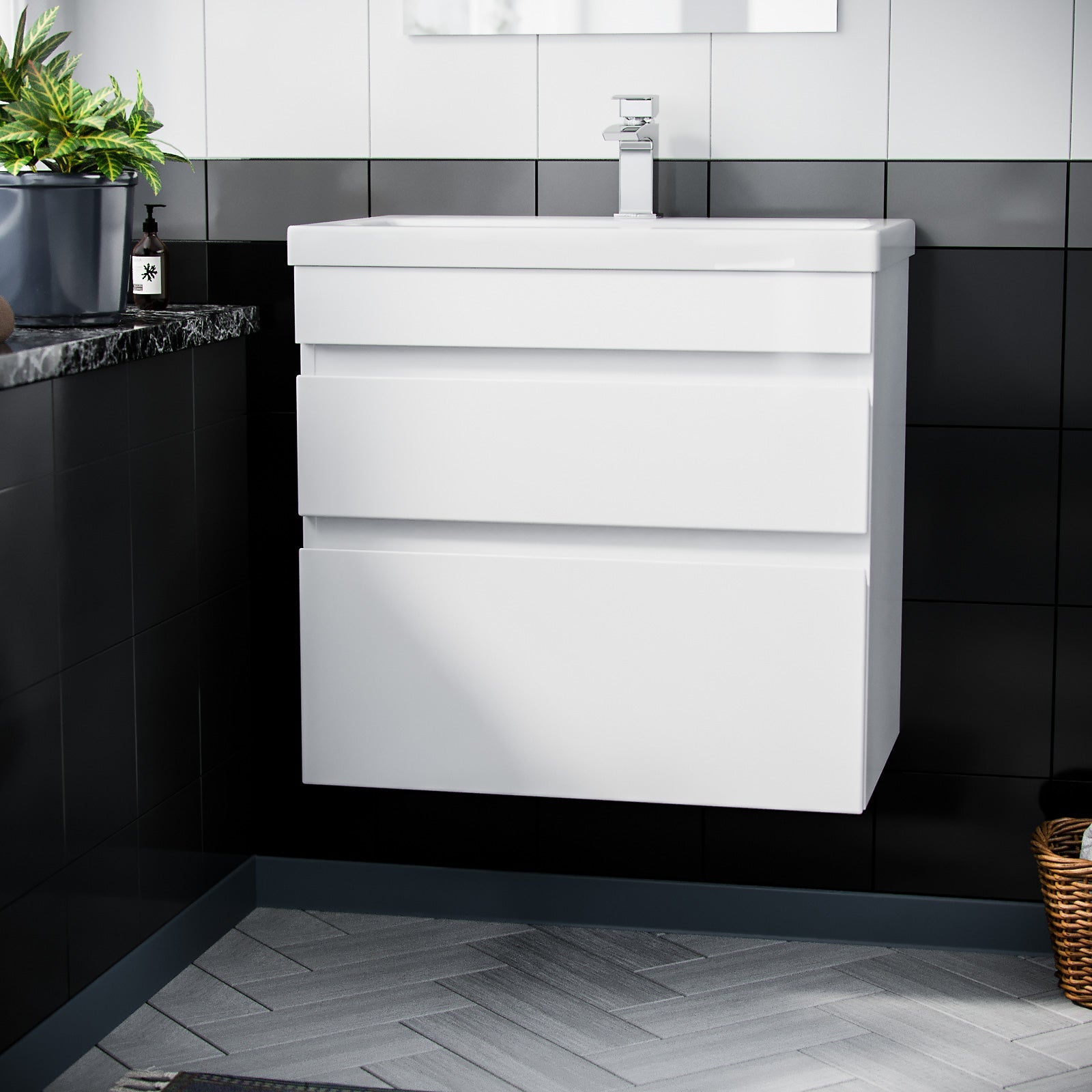 Alaska White 600mm PVC 2 Drawer Wall Hung Vanity Cabinet and Basin Unit