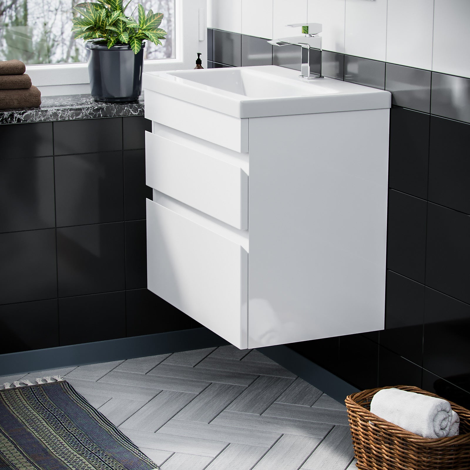 Alaska White 600mm PVC 2 Drawer Wall Hung Vanity Cabinet and Basin Unit