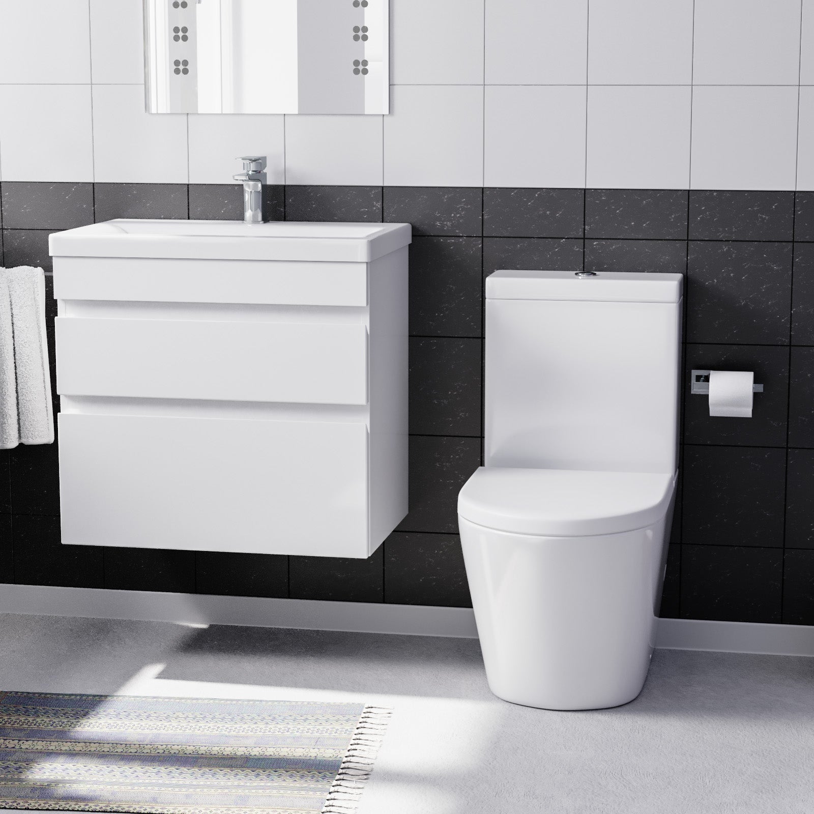 Alaska White 600mm Wall Hung 2 Drawers Vanity Cabinet Unit & Close Coupled Toilet