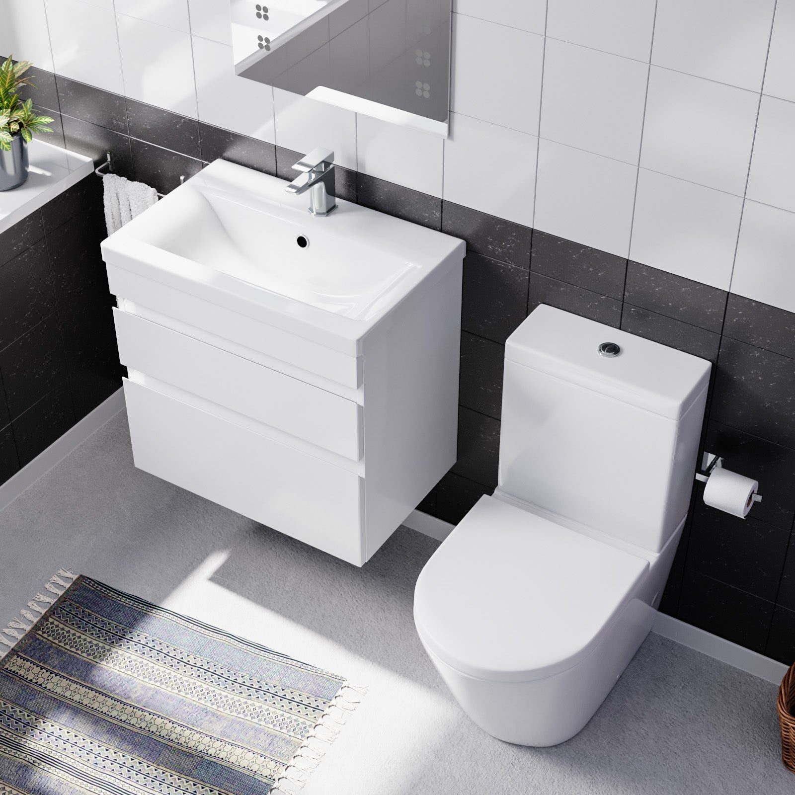 Alaska White 600mm Wall Hung 2 Drawers Vanity Cabinet Unit & Close Coupled Toilet