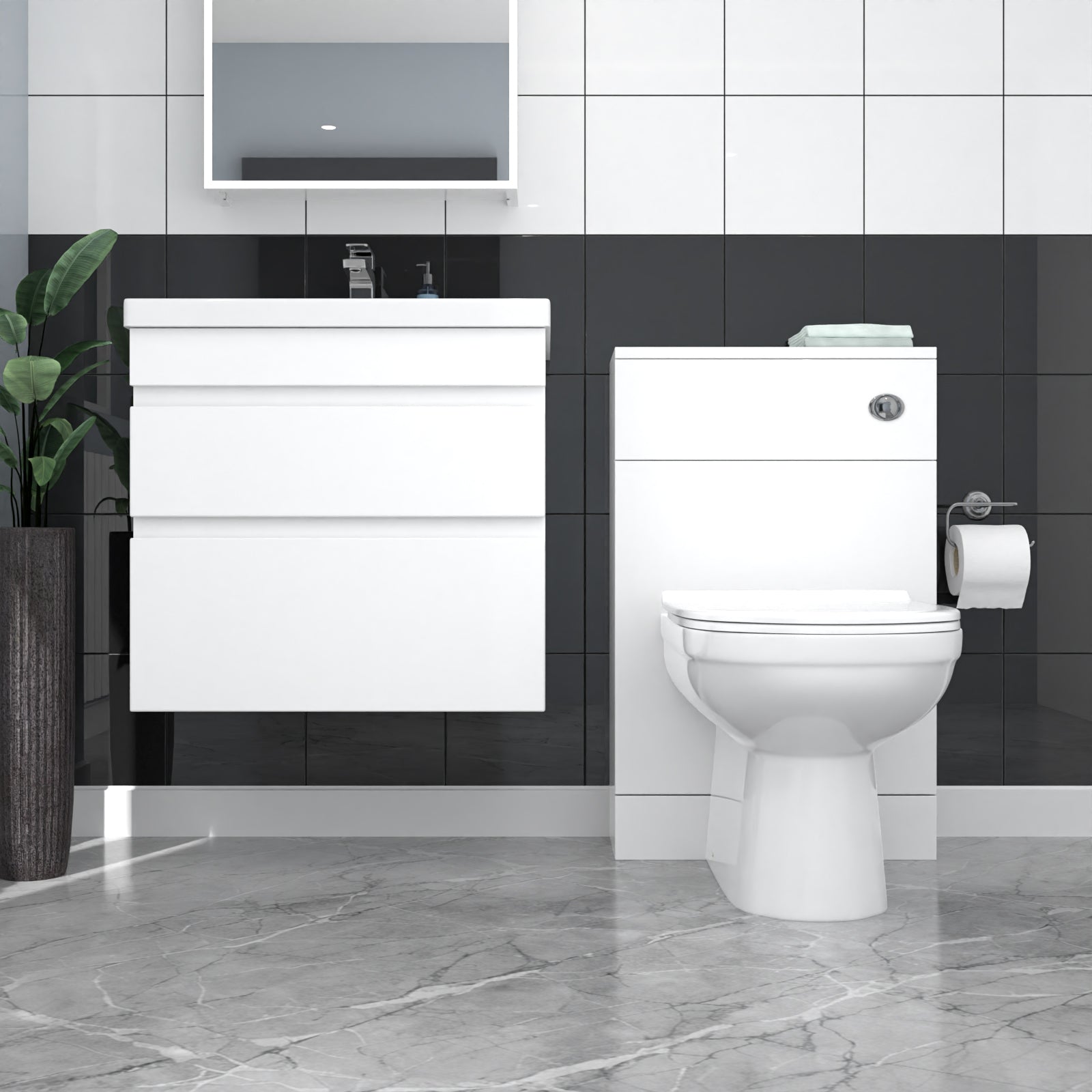 Alaska White Wall Hung 600mm Vanity Unit 2 Drawer with WC Unit & BTW Toilet